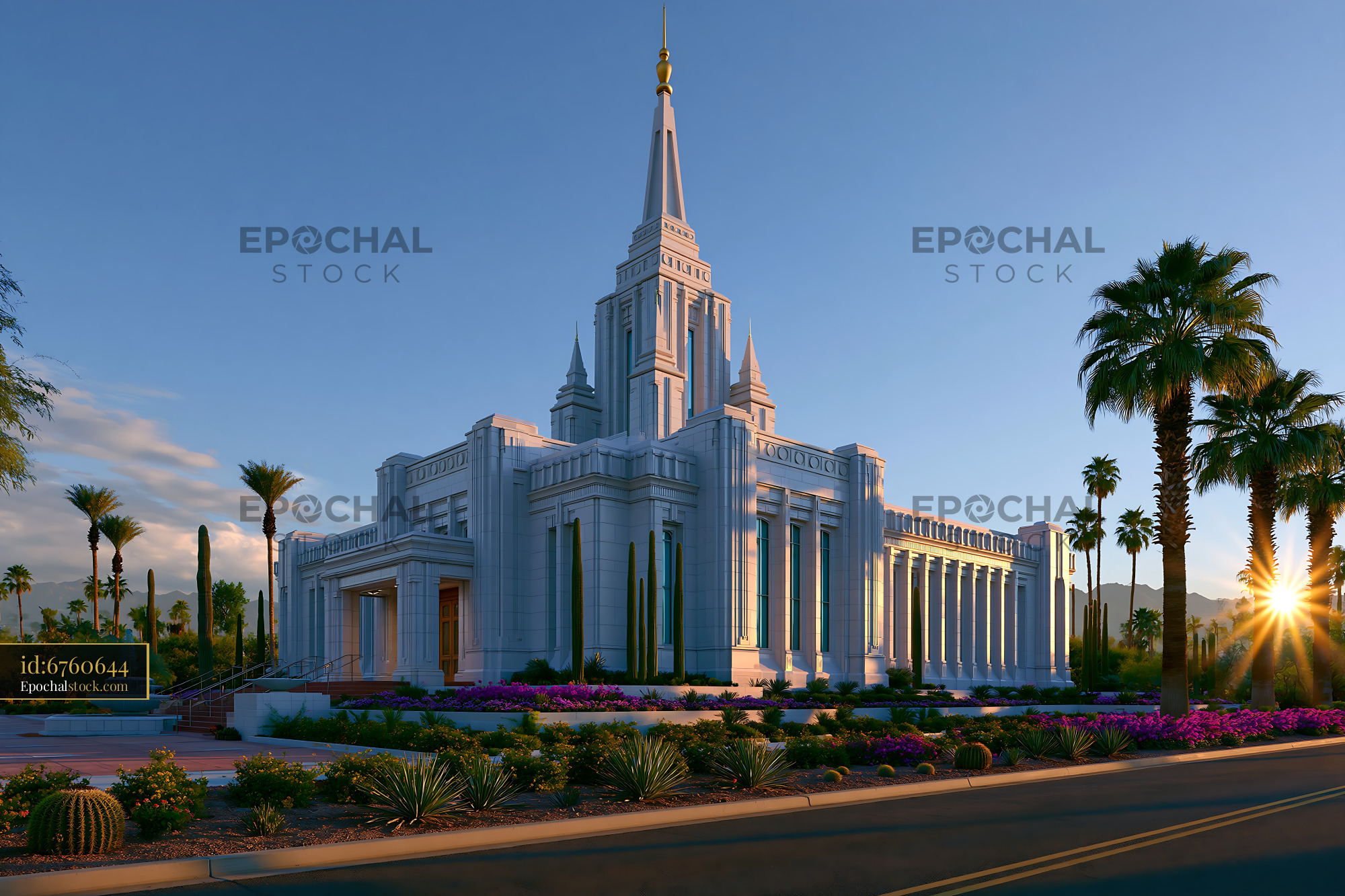 Watermarked full-resolution preview of Modern temple with spires at sunset in a desert landscape