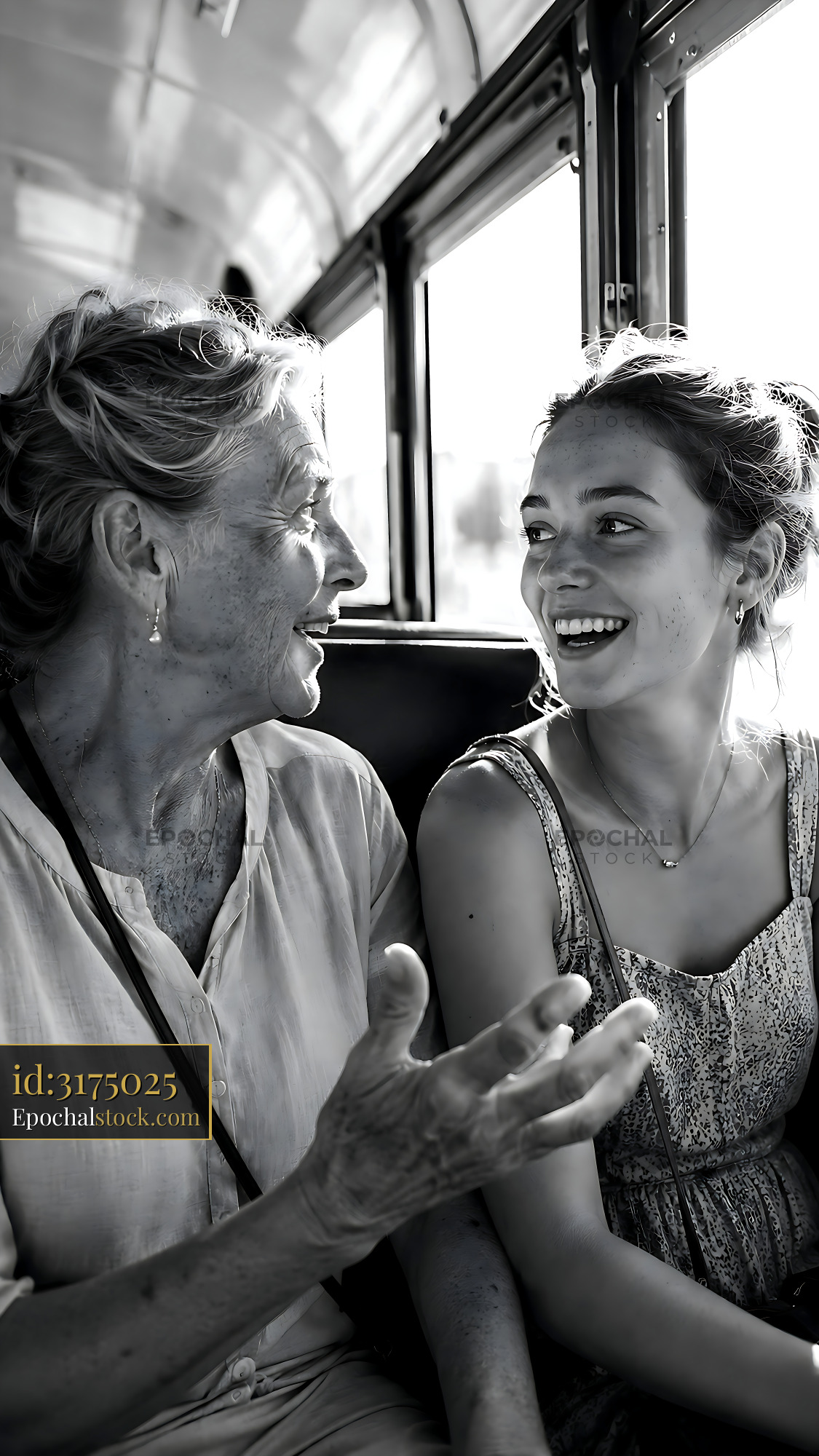 Watermarked full-resolution preview of Two women talking on a bus with smiles and laughter