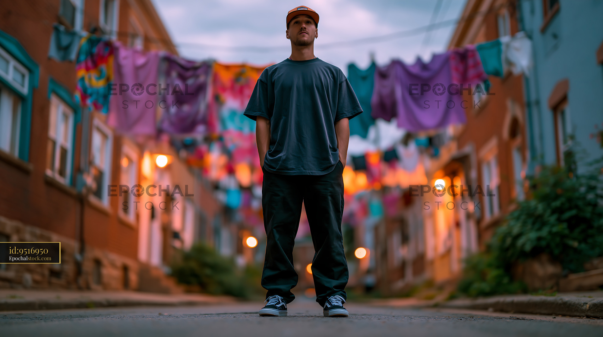Watermarked full-resolution preview of Man standing in a street with clothes hanging in the background