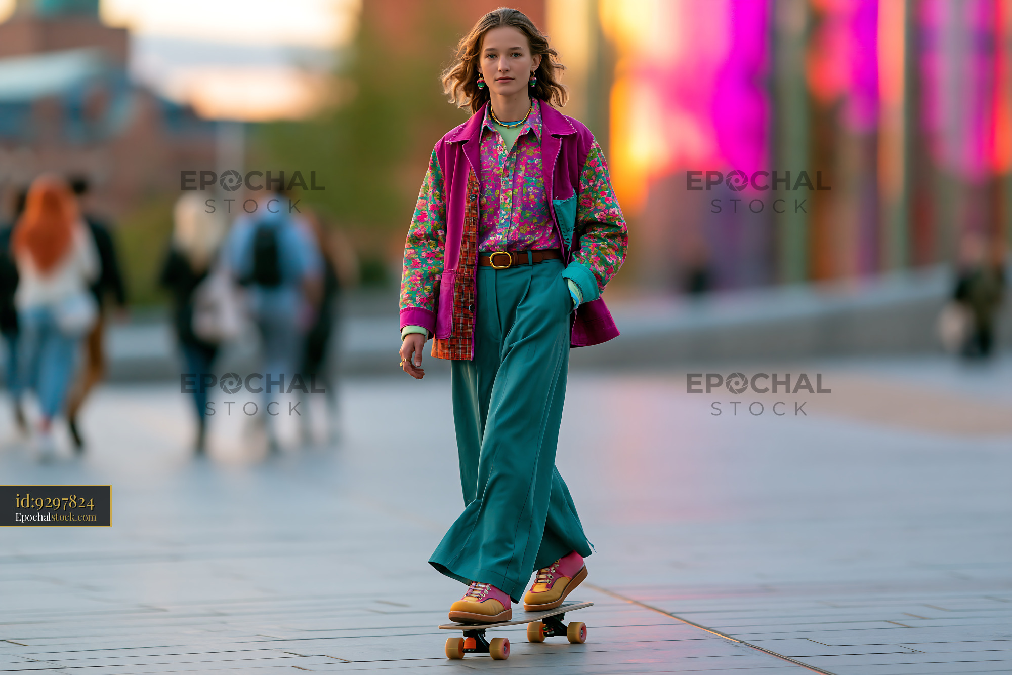 Watermarked full-resolution preview of Person skating on a boardwalk near colorful buildings in the city