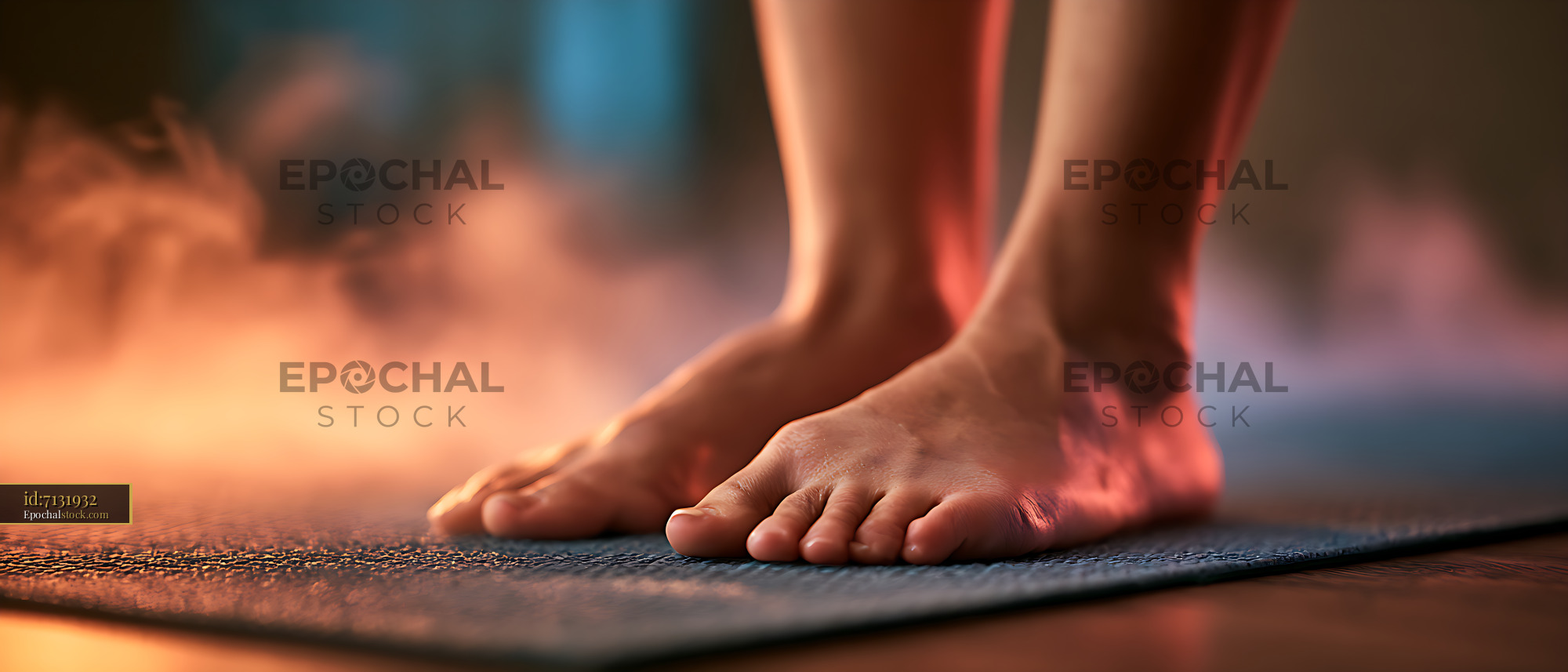 Watermarked full-resolution preview of Close view of bare feet on a yoga mat
