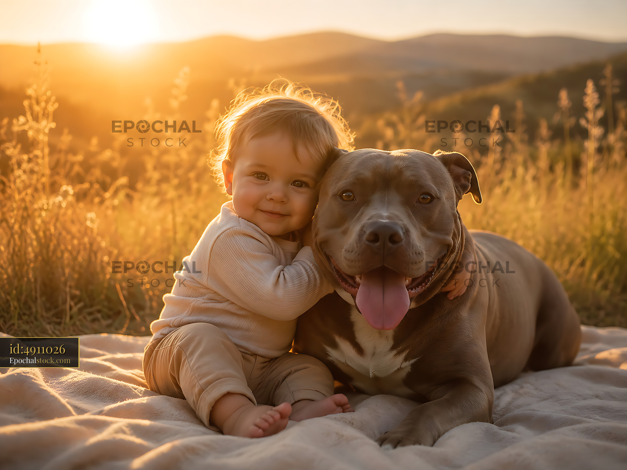 Watermarked full-resolution preview of Happy child cuddling with a dog at sunset