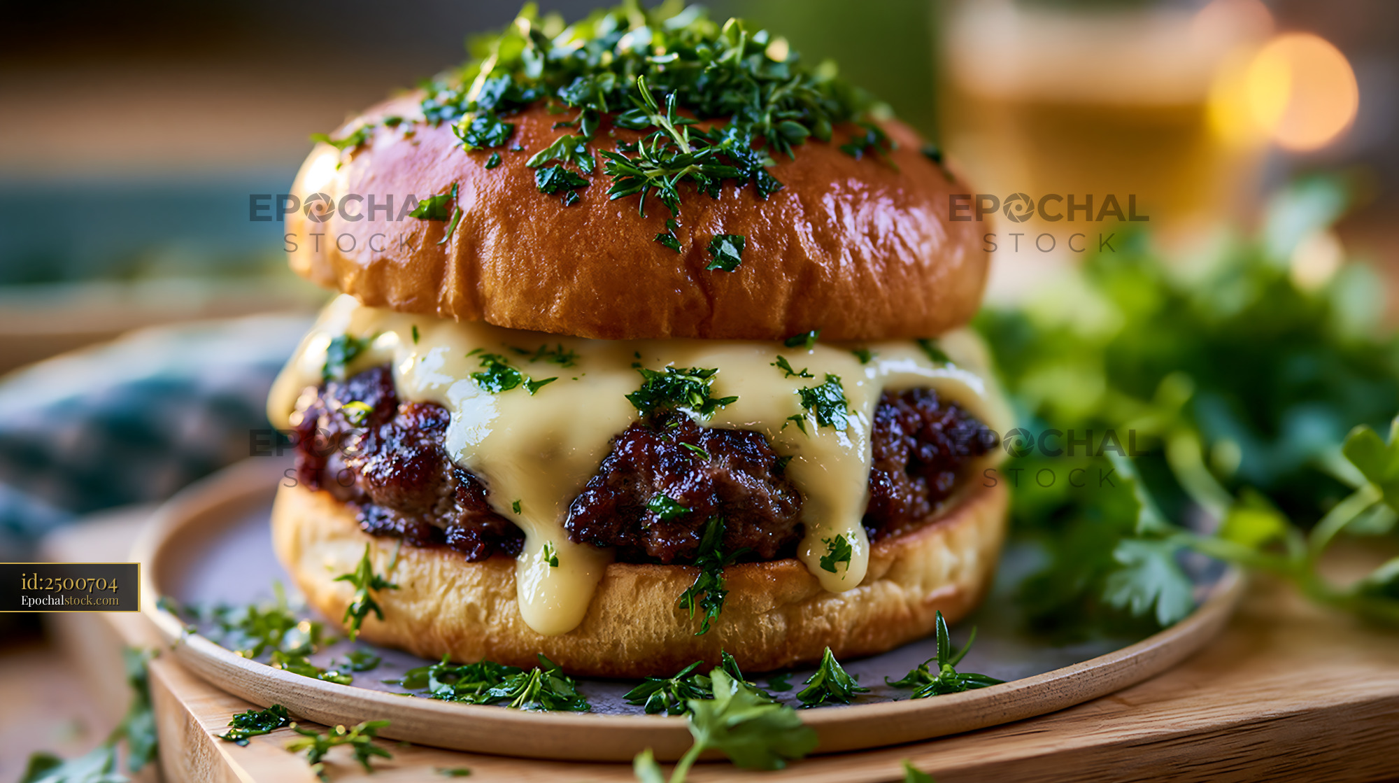 Watermarked full-resolution preview of Juicy burger with melted cheese and fresh herbs on a wooden plate