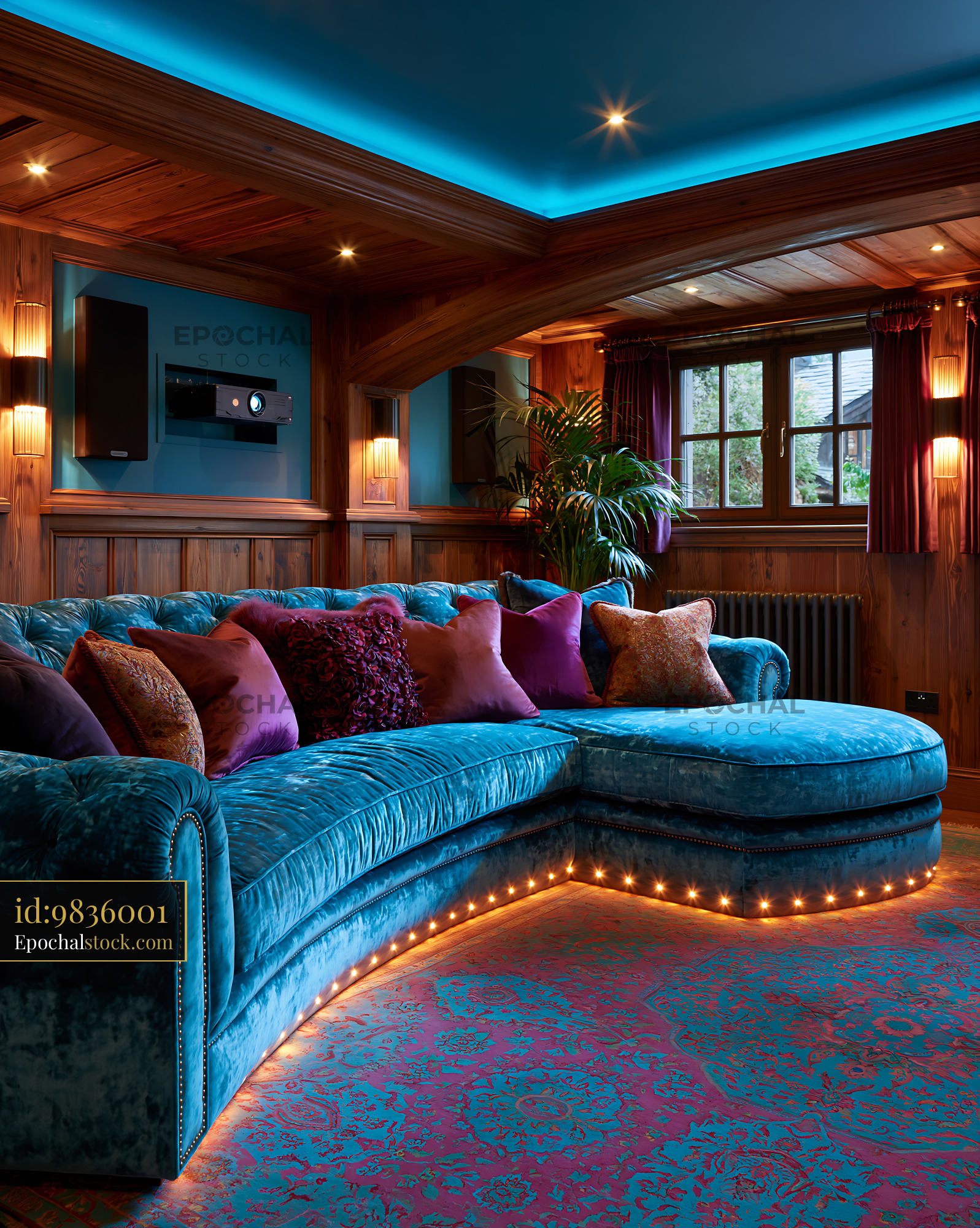 Watermarked full-resolution preview of Cozy living room with blue sofa and colorful decor