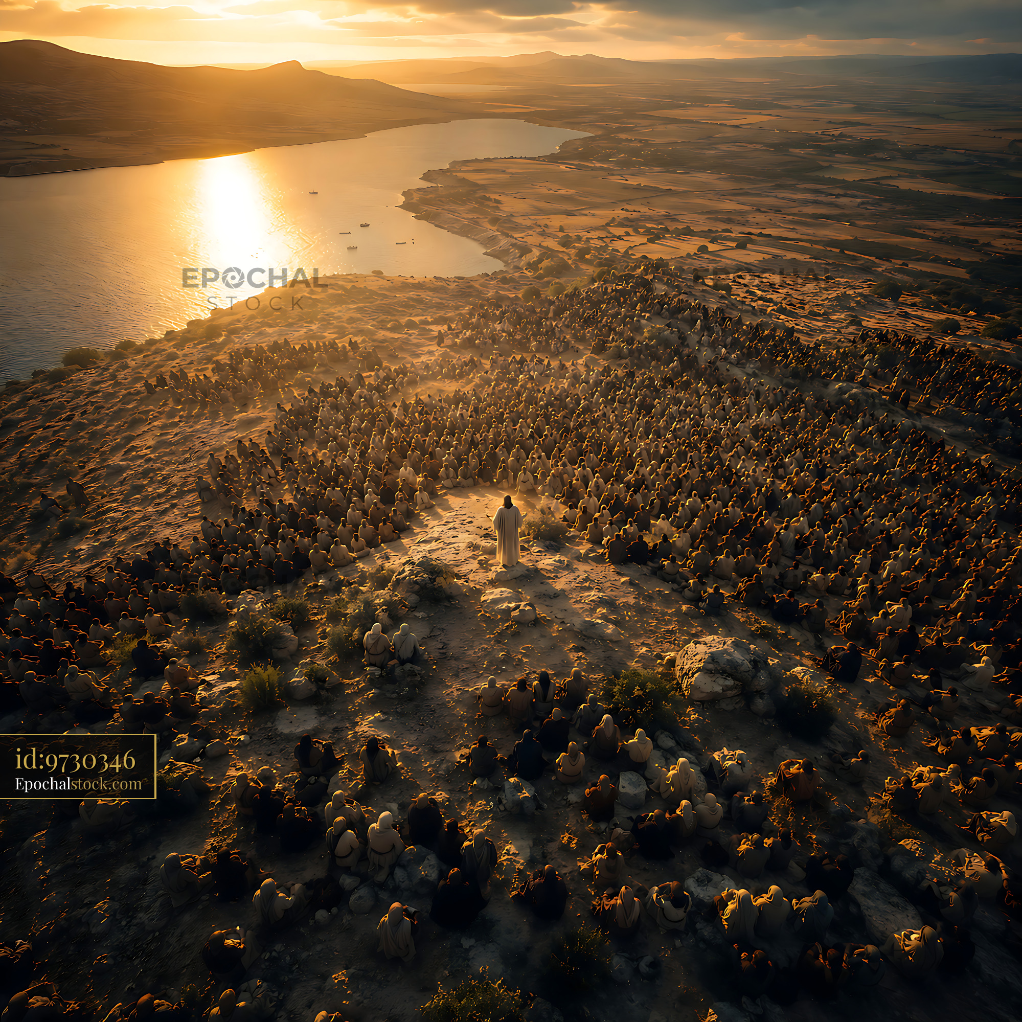 Figure Standing in a Field of Stones Near a River at Sunset - stock photo