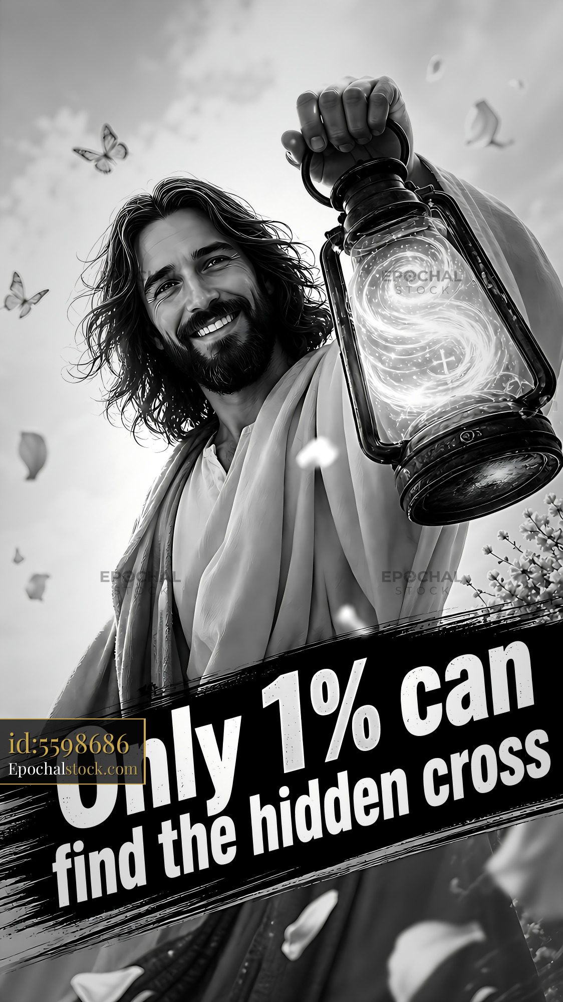 Watermarked full-resolution preview of Man holding lantern with hidden cross while surrounded by butterflies