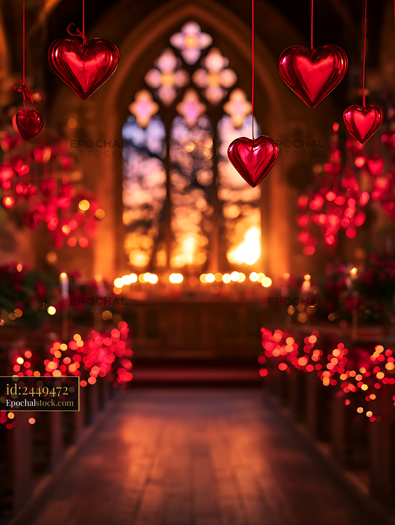 Watermarked full-resolution preview of Hanging red hearts and warm bokeh lights along a decorated walkway