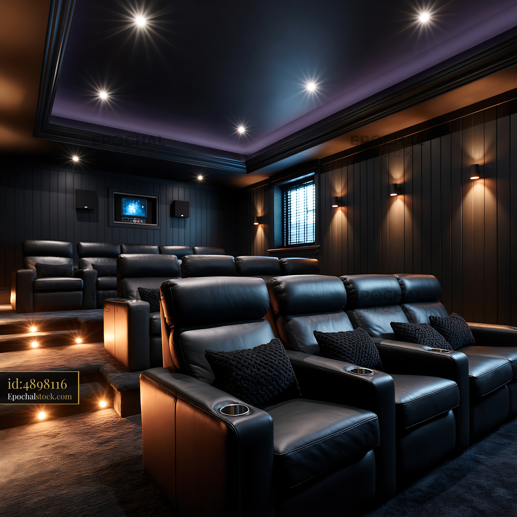 Watermarked full-resolution preview of Home theater room with leather seating and dim lighting