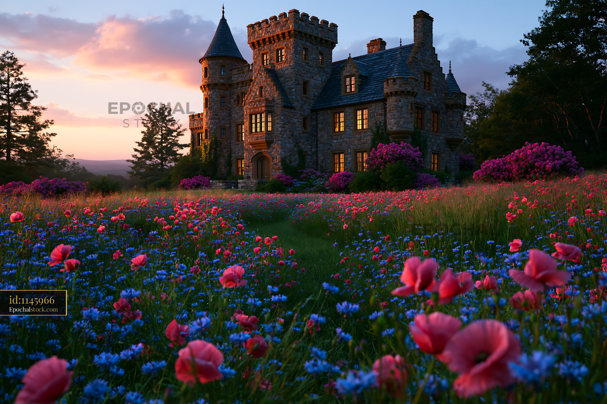Watermarked full-resolution preview of Historic castle surrounded by colorful flowers during sunset