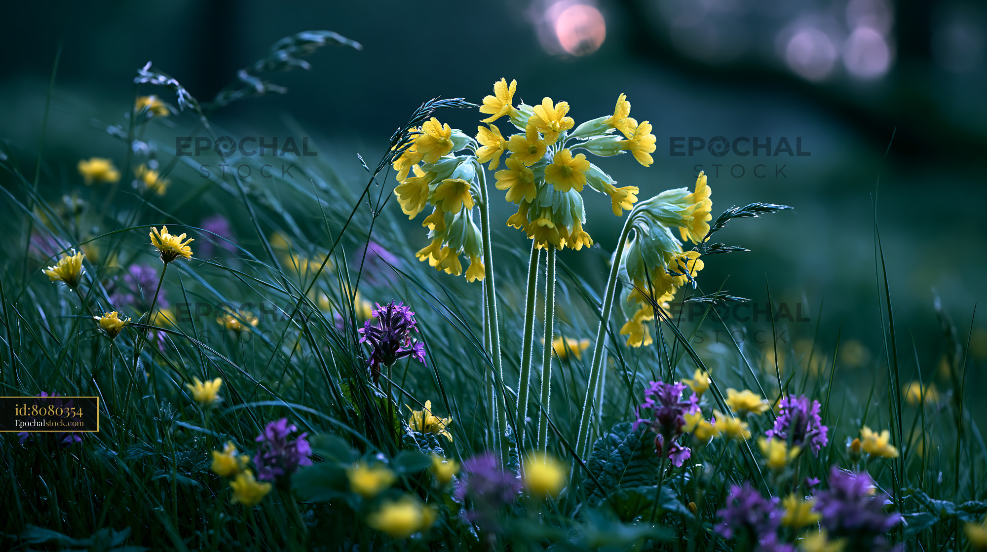 Watermarked full-resolution preview of Flowers blooming in a field during twilight hours