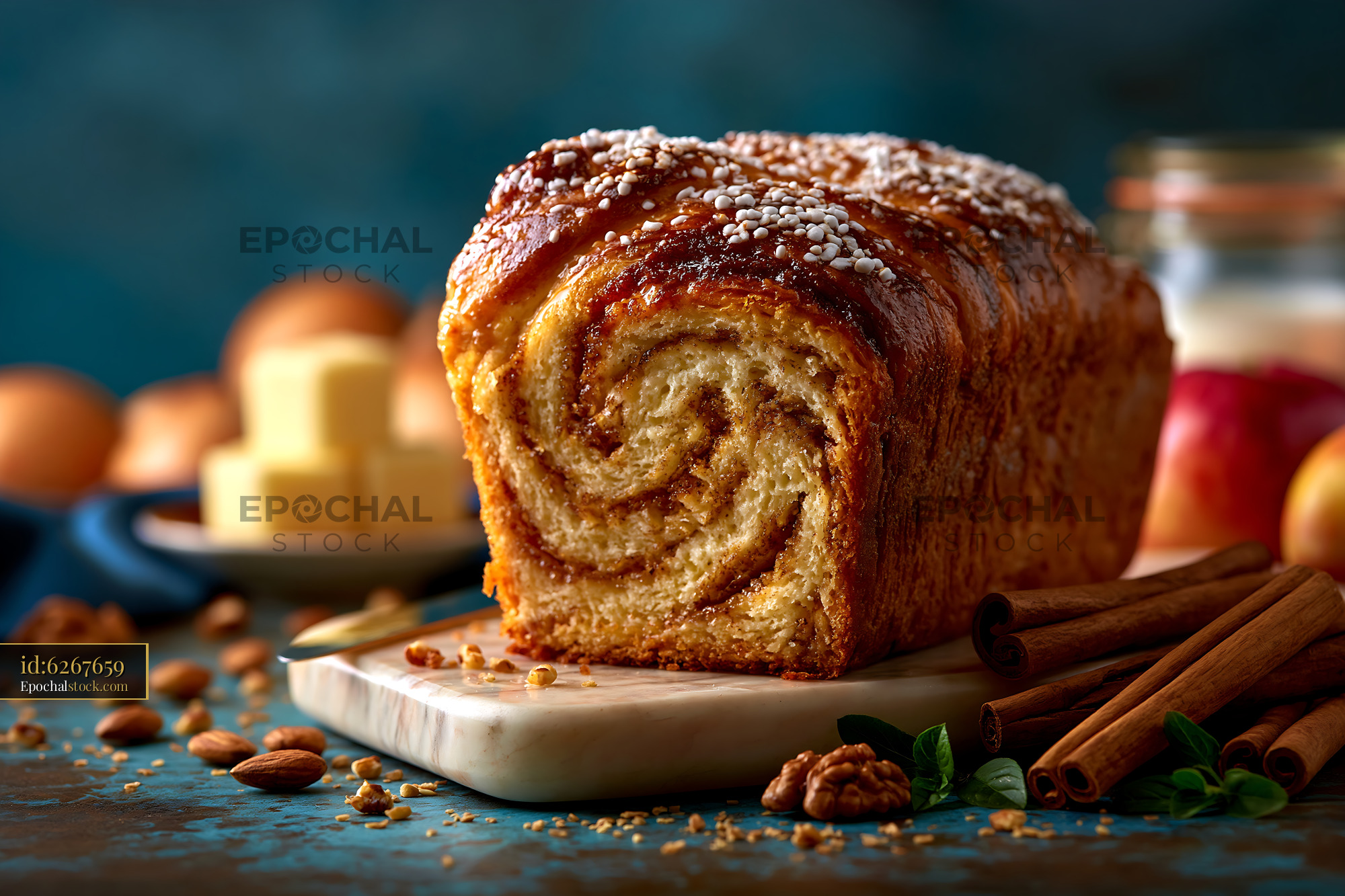 Watermarked full-resolution preview of Cinnamon swirl bread with nuts and apples on wooden board