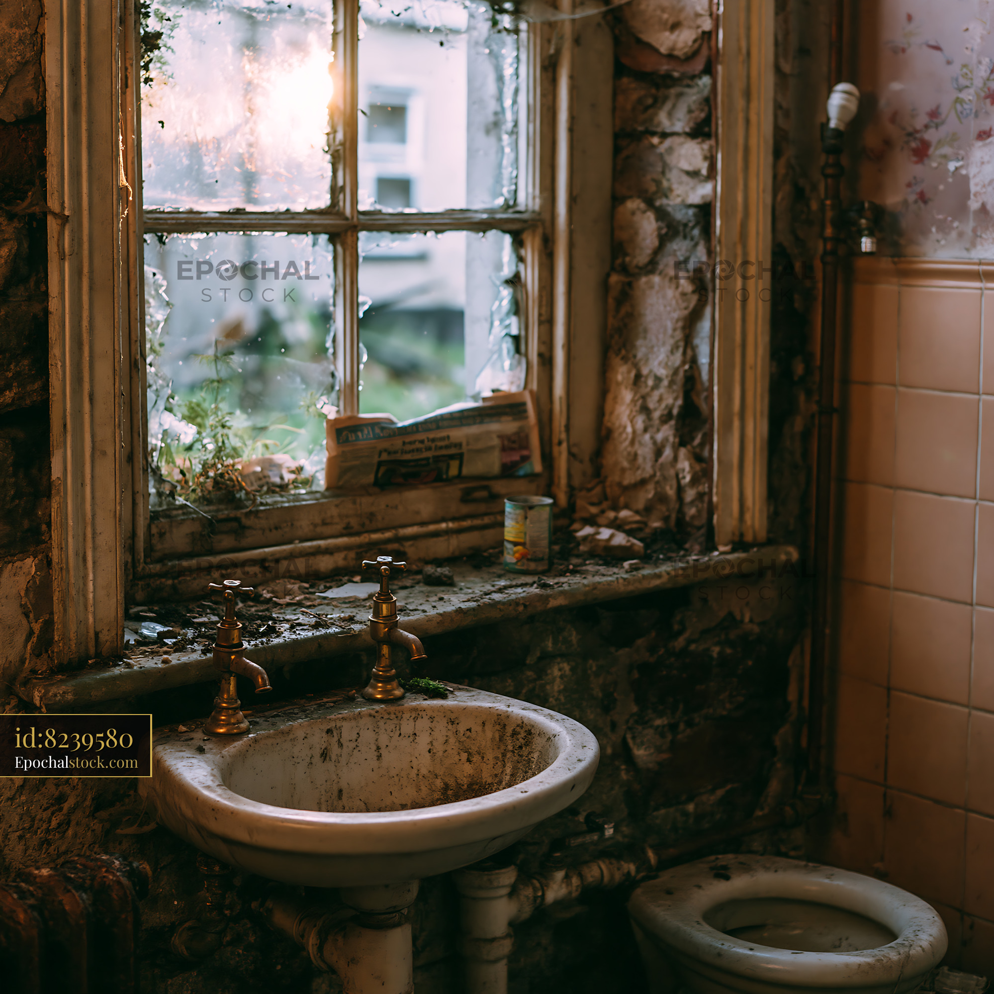 Watermarked full-resolution preview of Old bathroom with sink and window in a rundown house