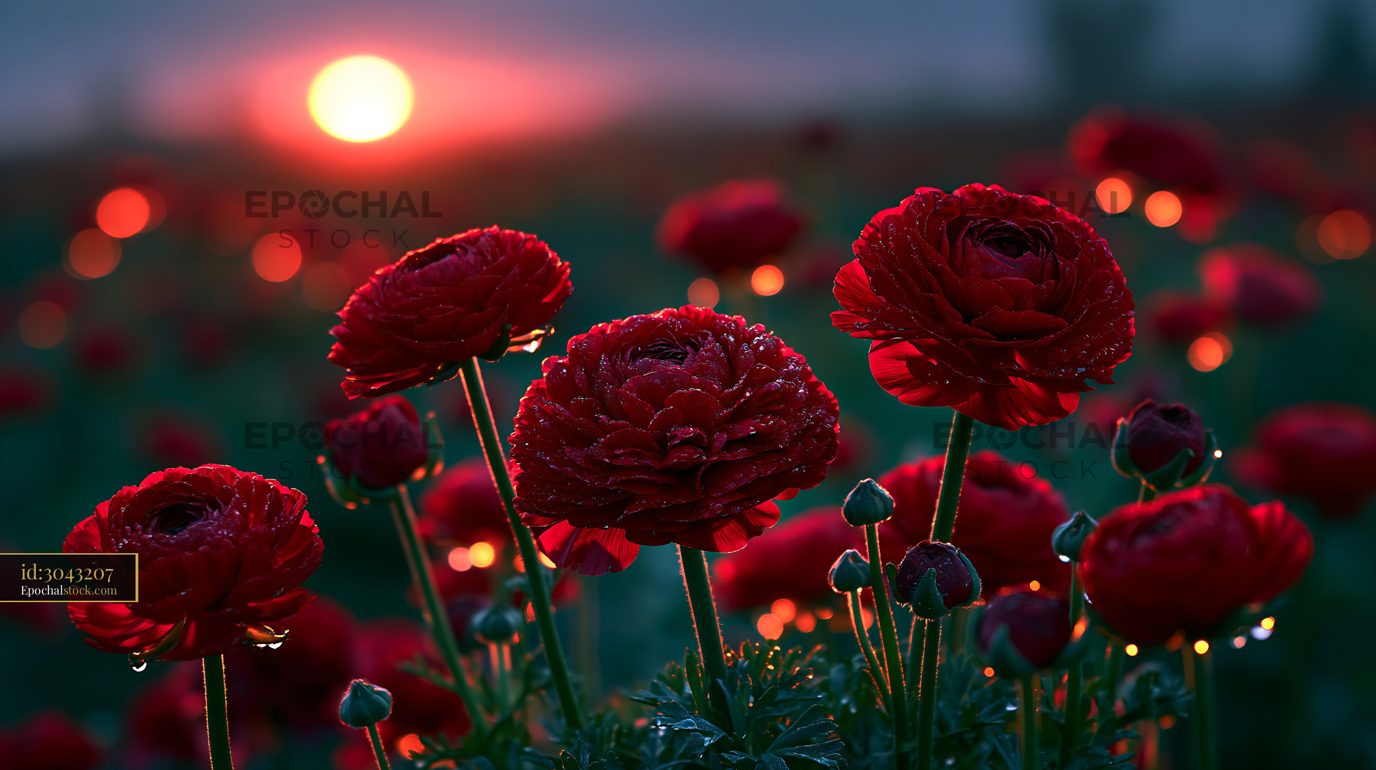 Watermarked full-resolution preview of Roses blooming in a field at sunset with dewdrops