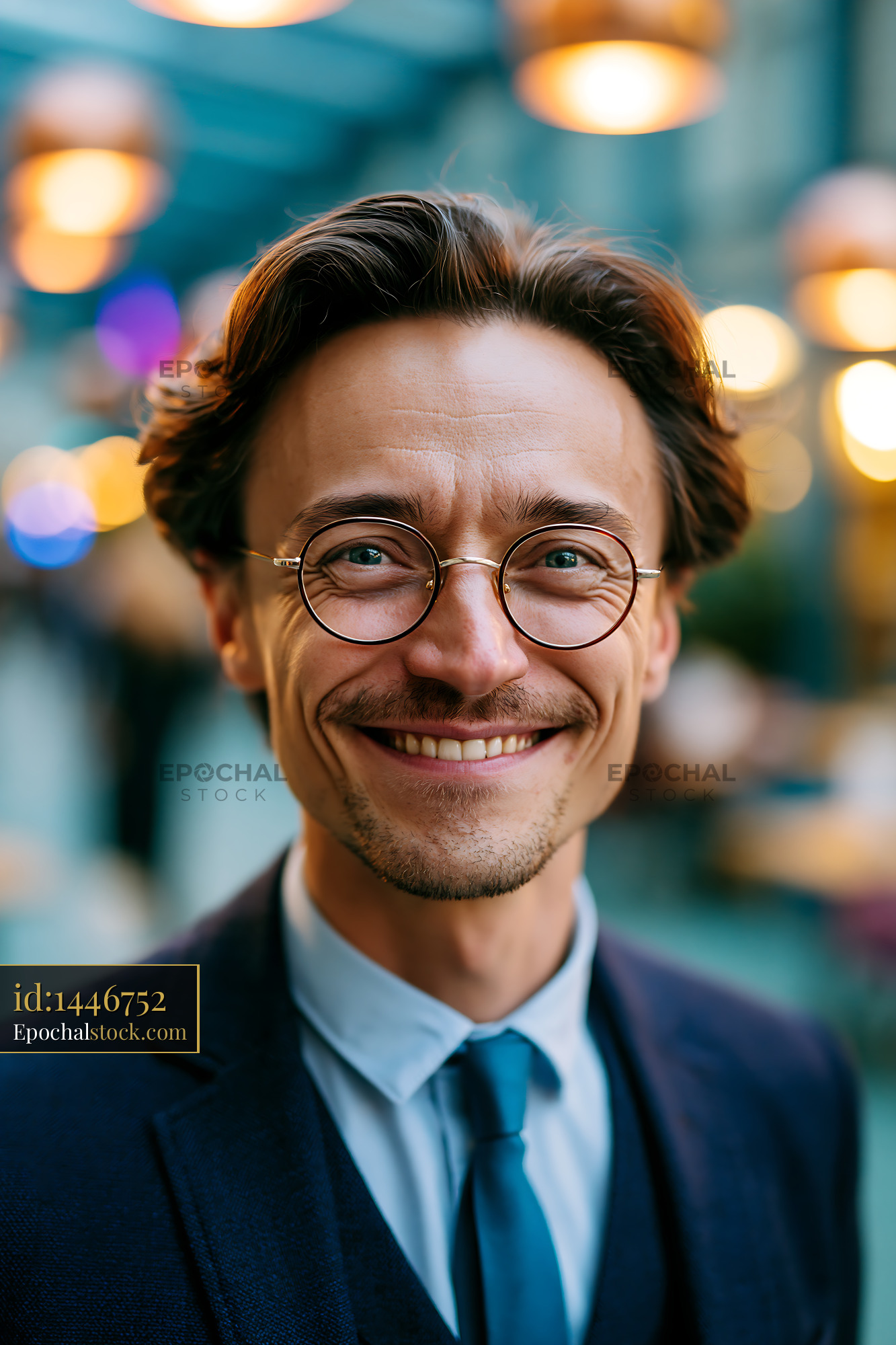 Watermarked full-resolution preview of Man with glasses smiles in urban setting