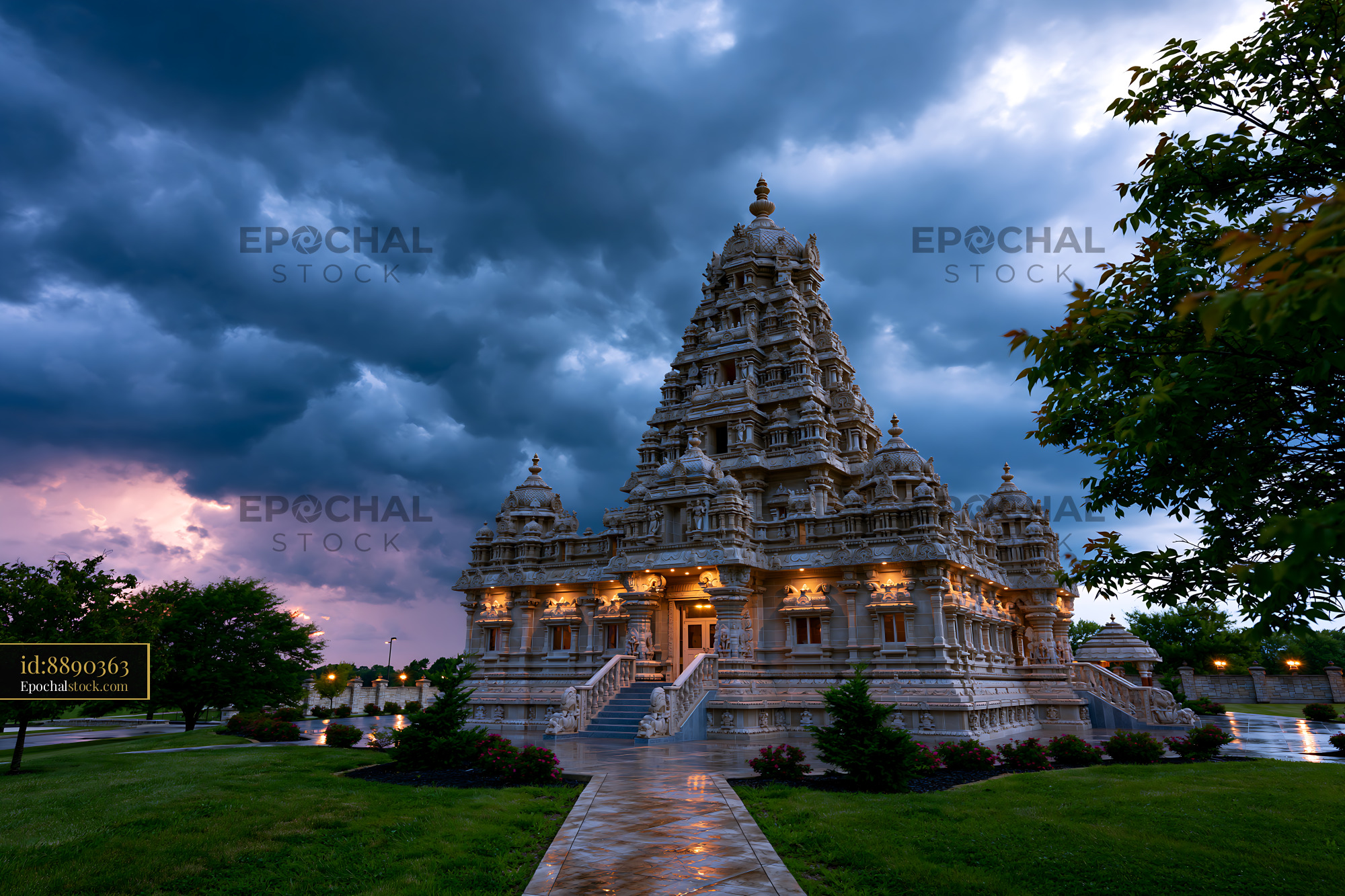 Watermarked full-resolution preview of Beautiful temple structure under stormy sky at dusk