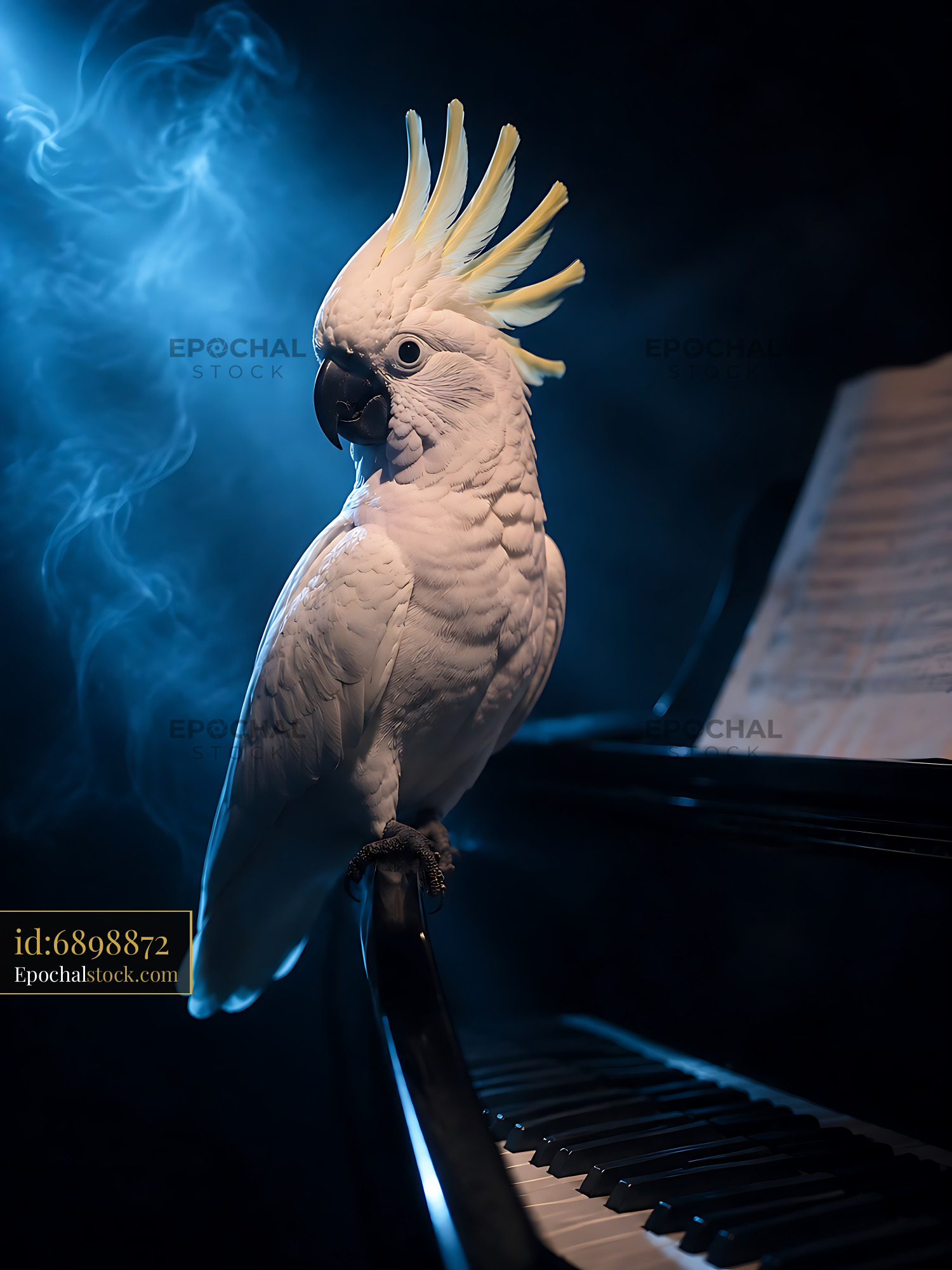 Cockatoo Perched on Piano in Dark Setting With Blue Light - stock photo