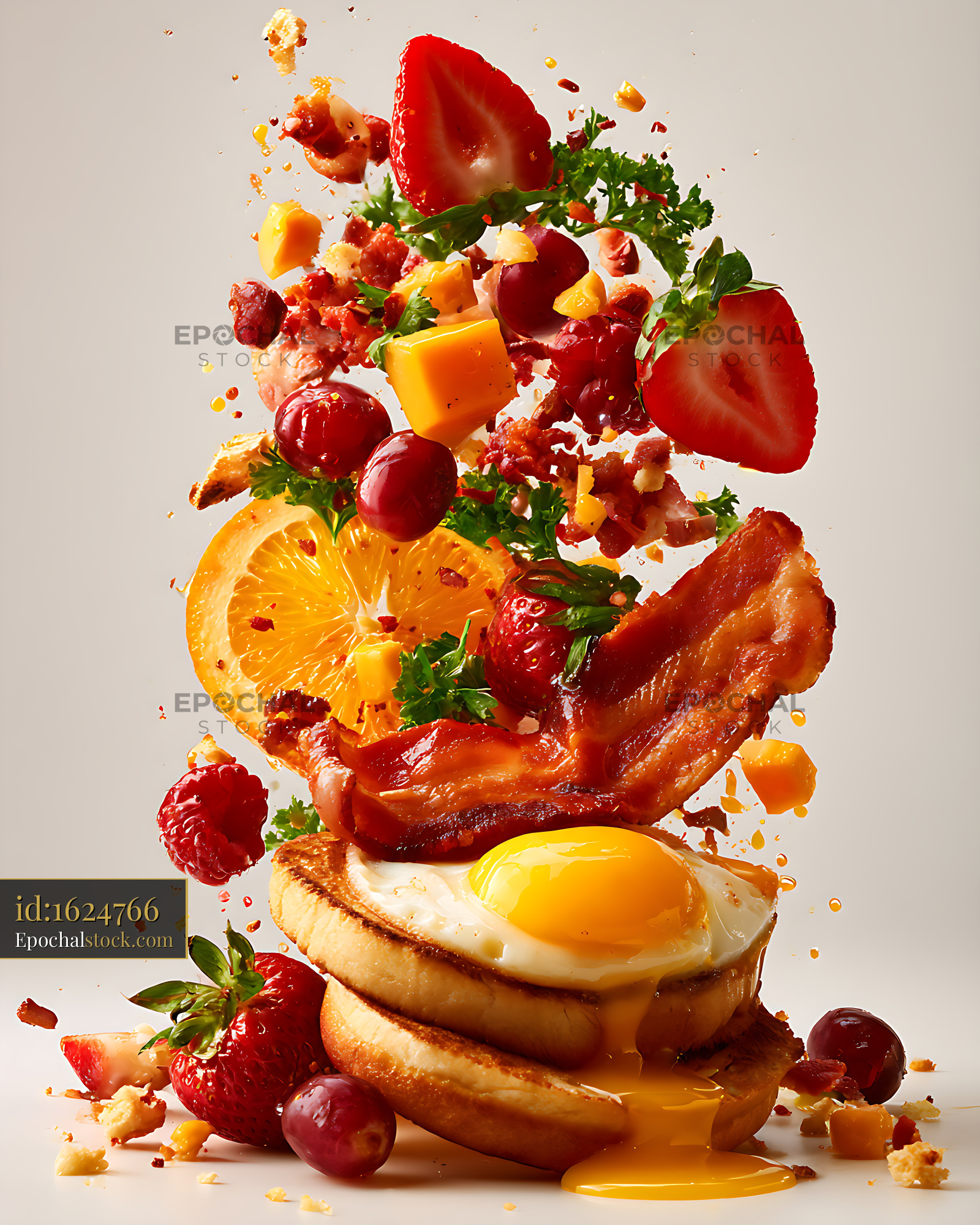 Watermarked full-resolution preview of Colorful breakfast sandwich with fried egg and fresh fruit