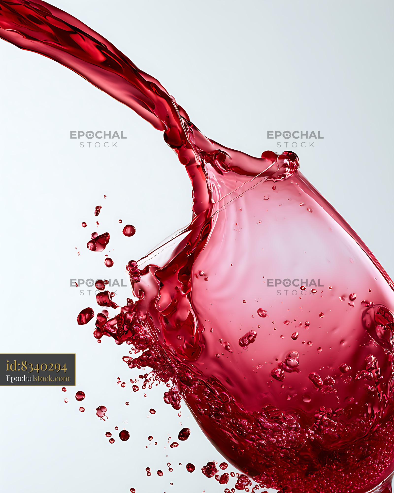 Watermarked full-resolution preview of Red wine splashing into a glass with droplets