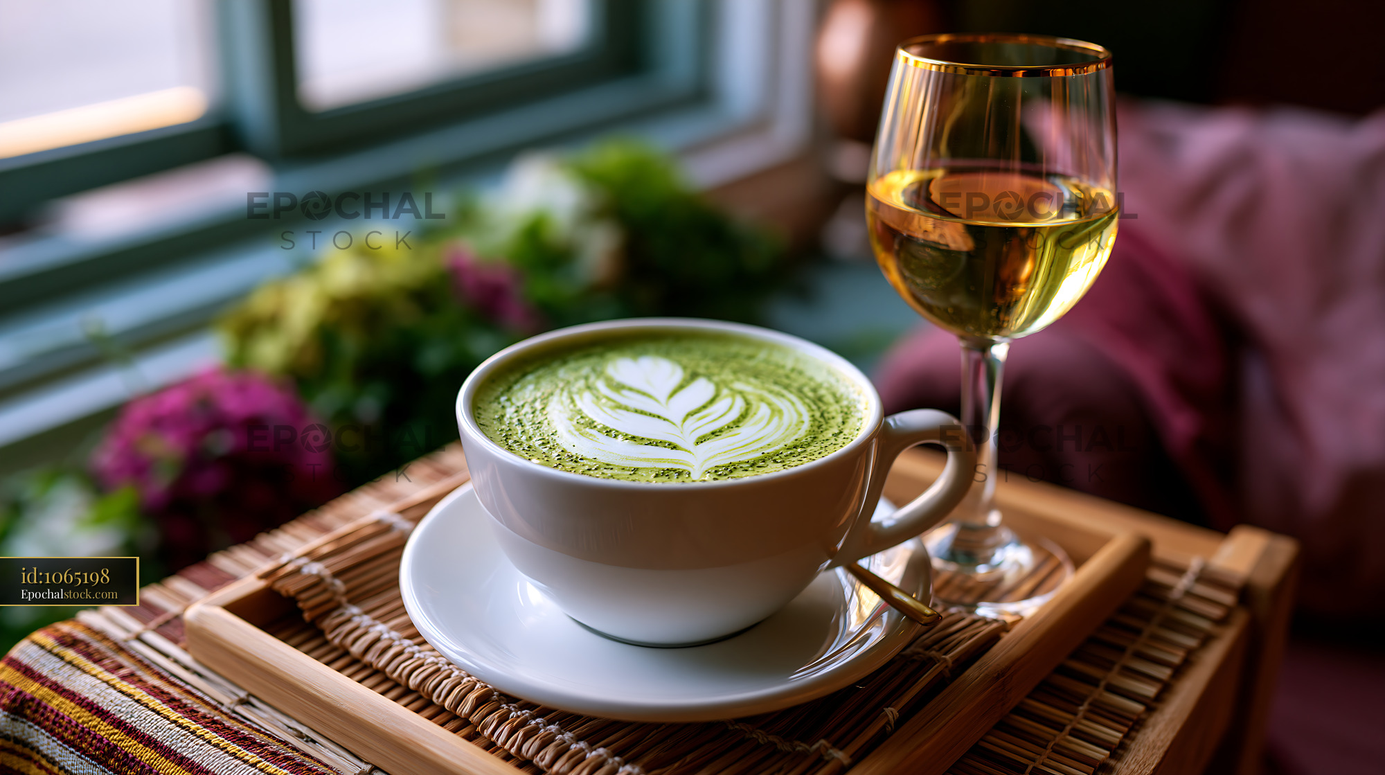 Watermarked full-resolution preview of Matcha latte with leaf design and glass of wine on wooden tray