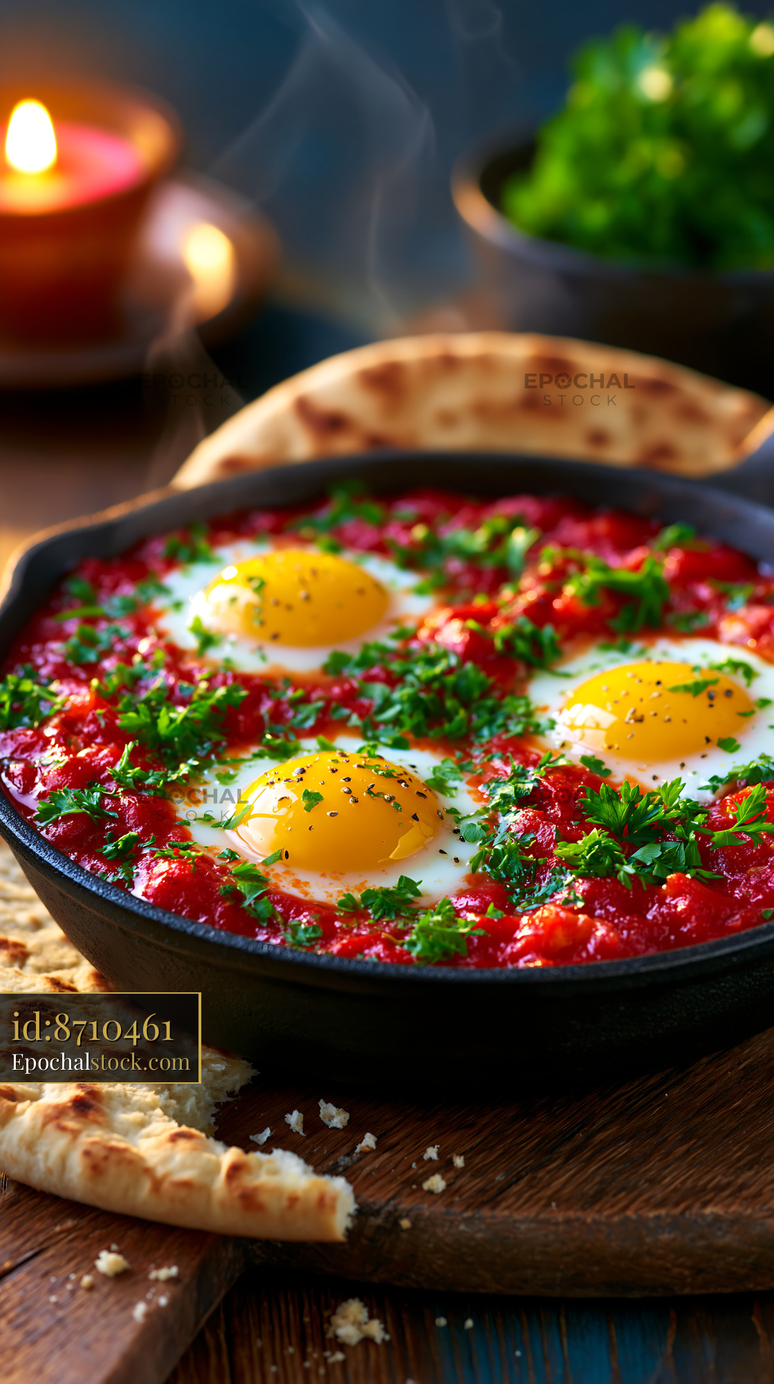 Watermarked full-resolution preview of Eggs in tomato sauce with herbs and bread on wooden table
