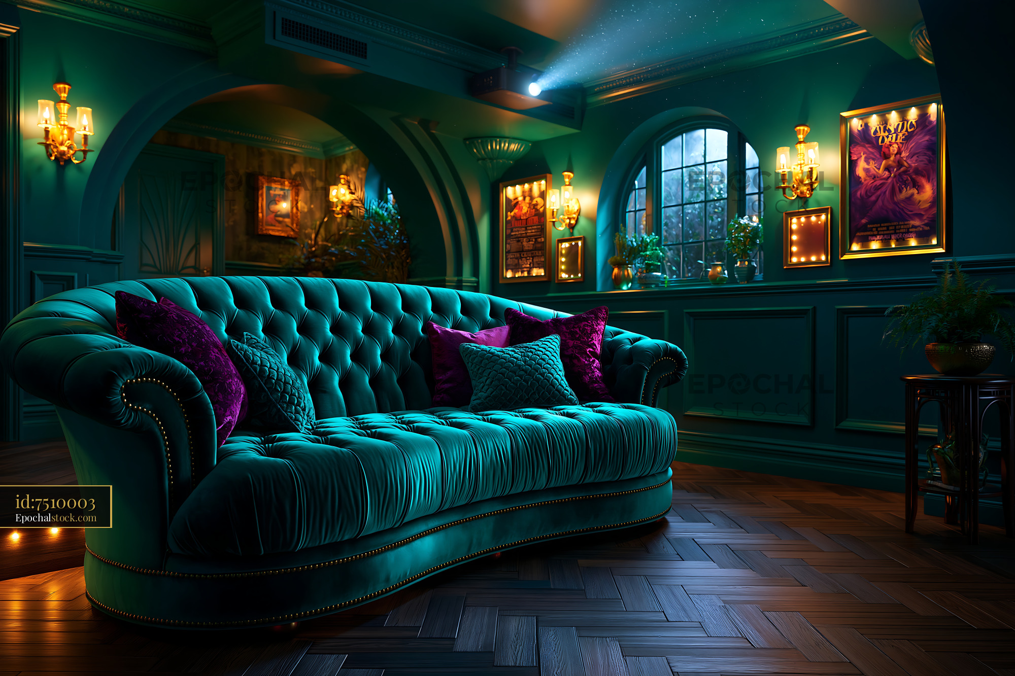 Watermarked full-resolution preview of Elegant turquoise sofa in a dimly lit room with decorative accents