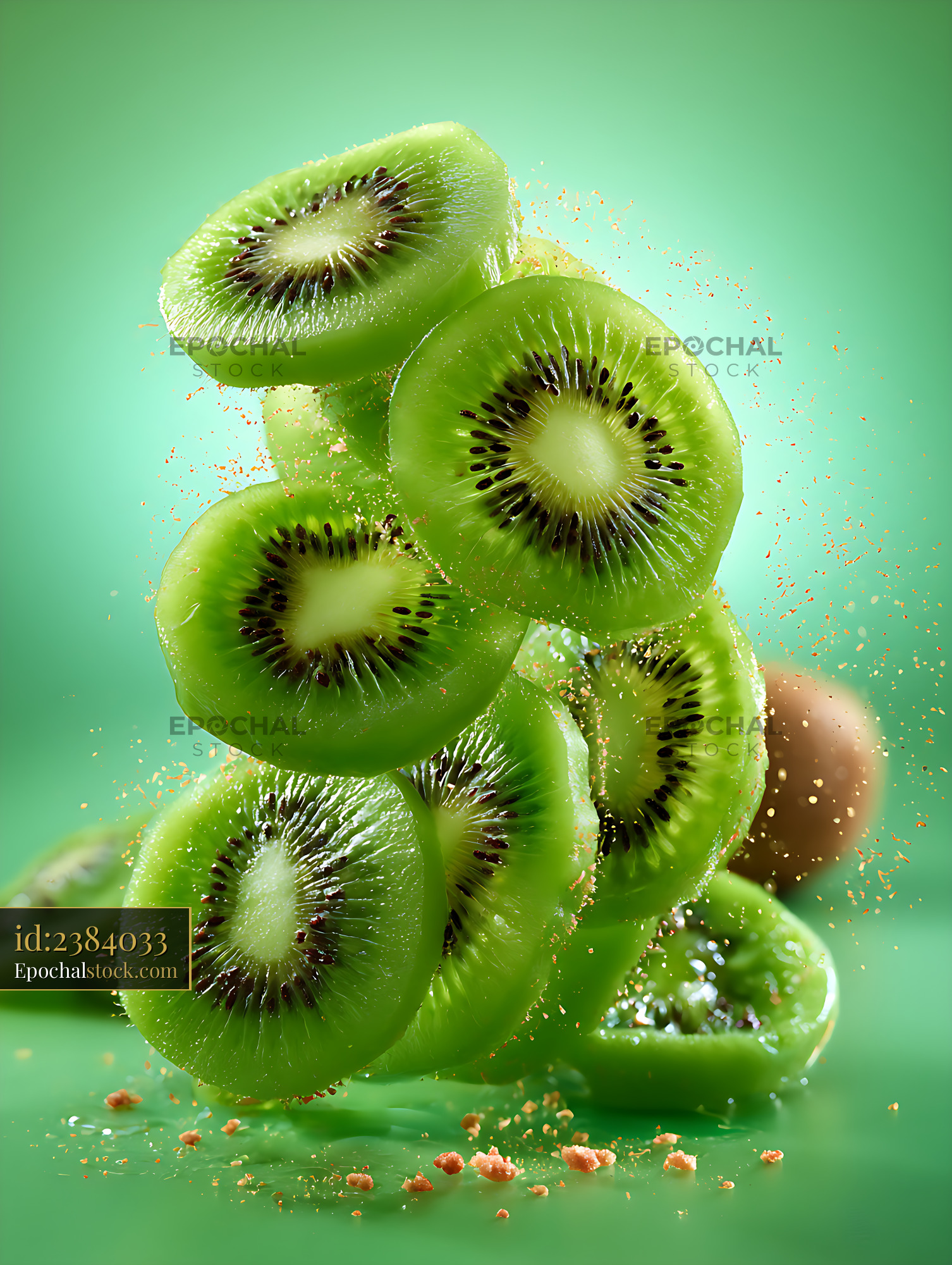 Watermarked full-resolution preview of Sliced kiwifruit in a vibrant green food composition