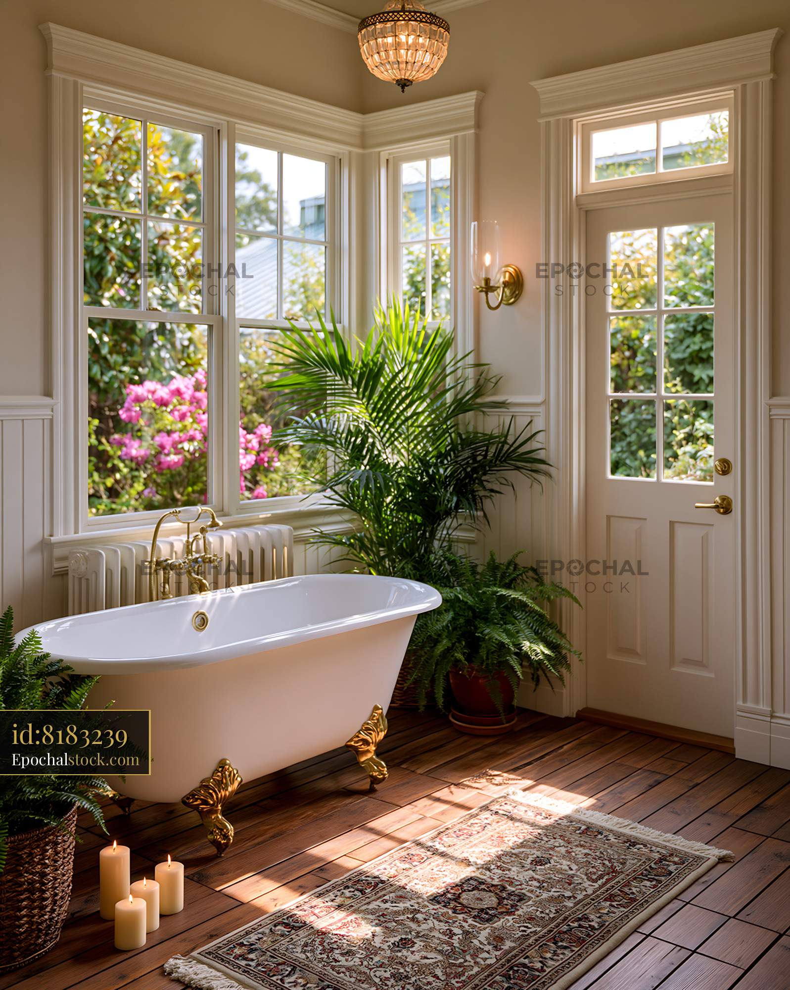 Watermarked full-resolution preview of Relaxing bathroom with bathtub and natural light