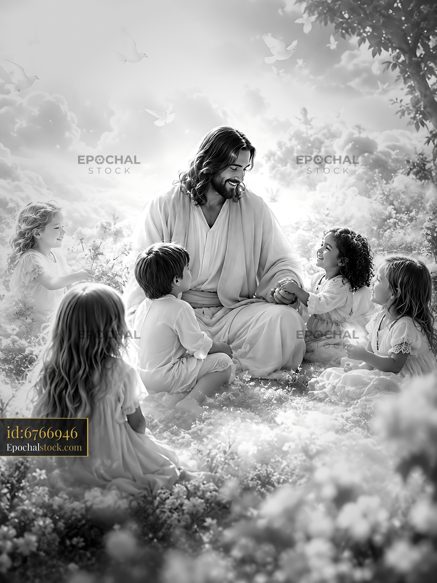 Watermarked full-resolution preview of Jesus interacts with children in a peaceful garden setting