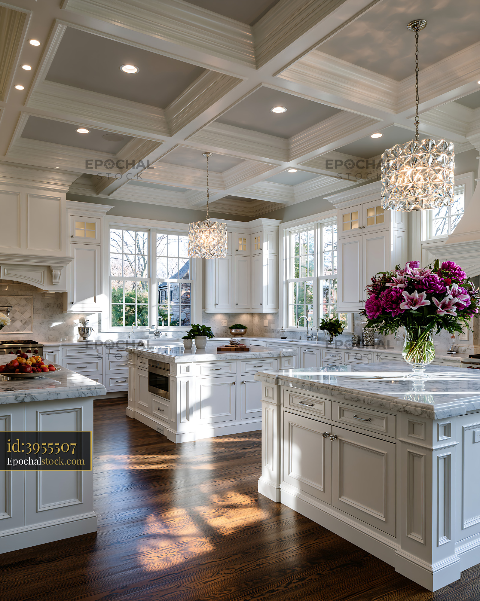Watermarked full-resolution preview of Modern kitchen with white cabinets and floral centerpiece