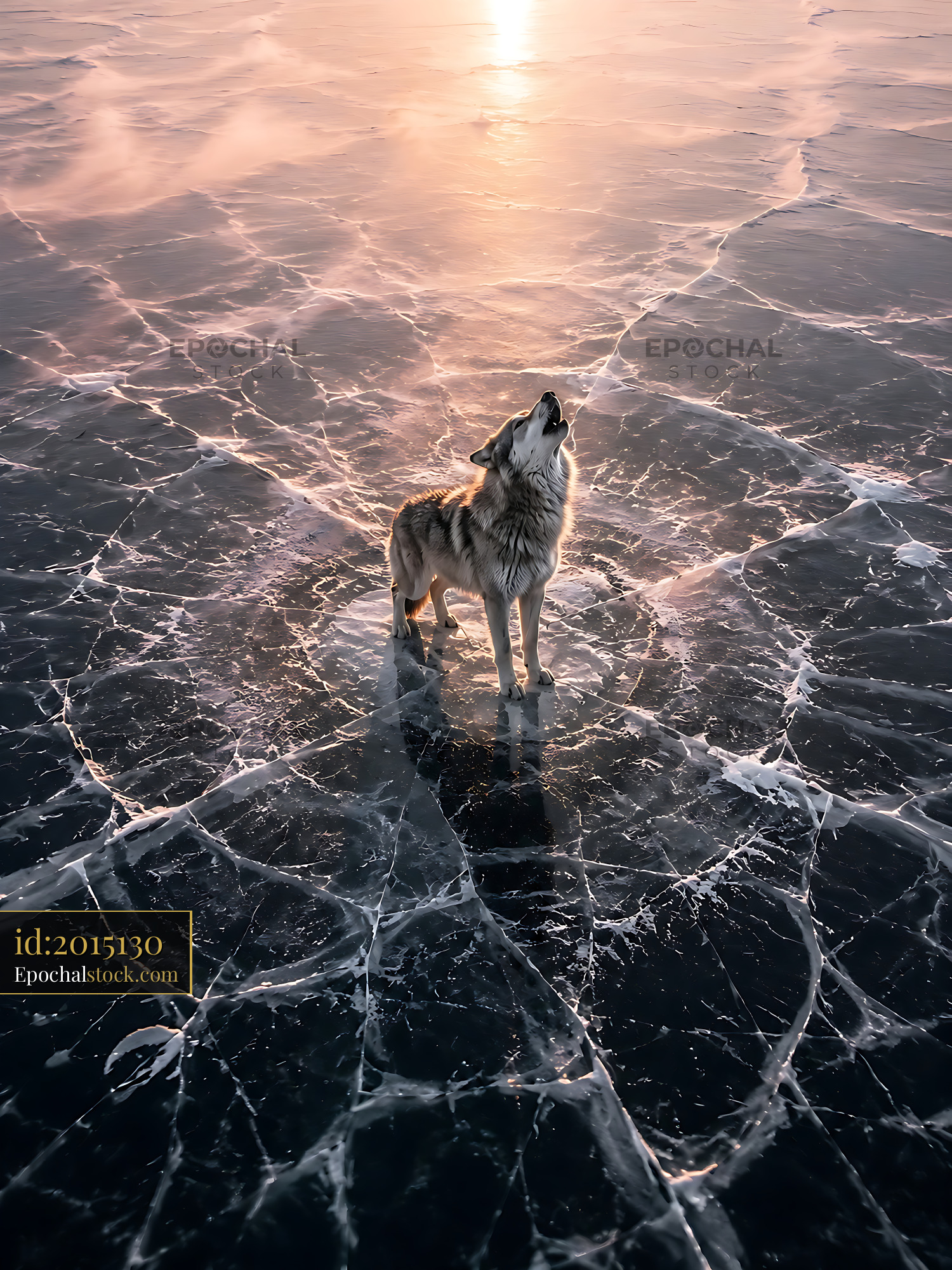 Wolf Howls on Frozen Lake Under Sunset Glow - stock photo