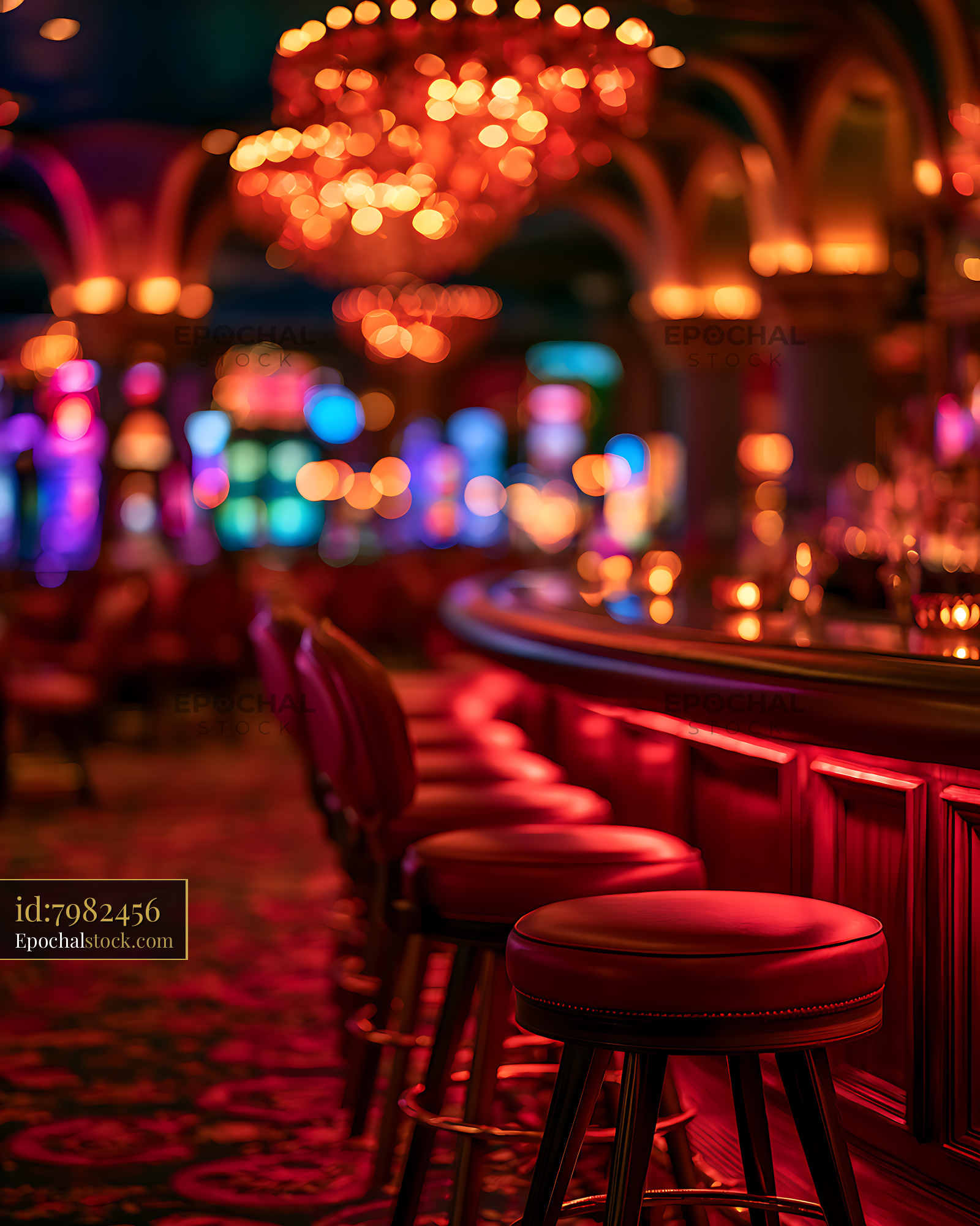 Watermarked full-resolution preview of Colorful empty bar interior with glowing lights and red stools