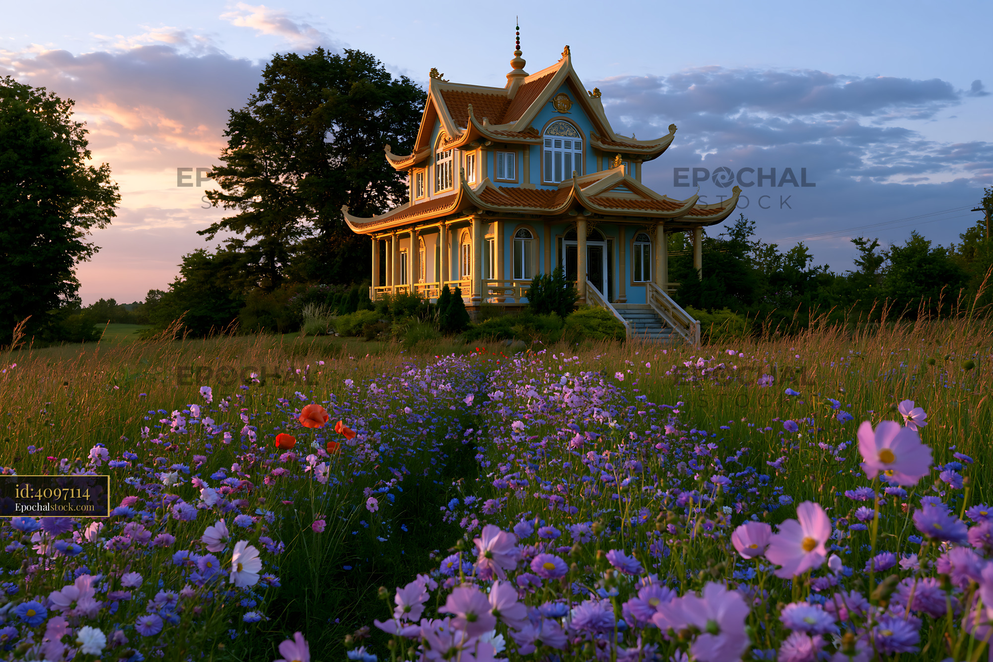 Watermarked full-resolution preview of Nature scene with a house and colorful flowers at sunset