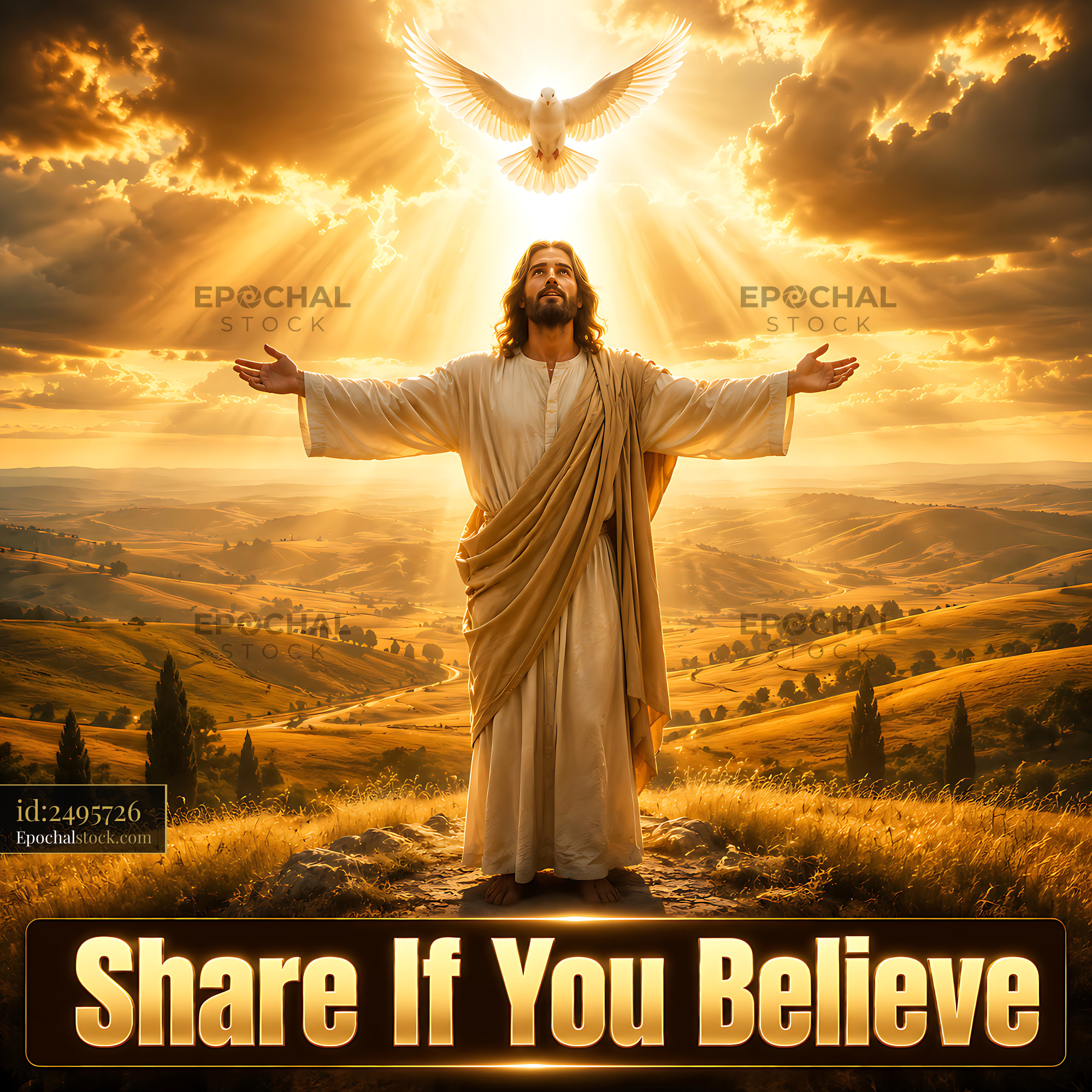 Jesus With Open Arms and Dove Above in Golden Sunlight Landscape - stock photo
