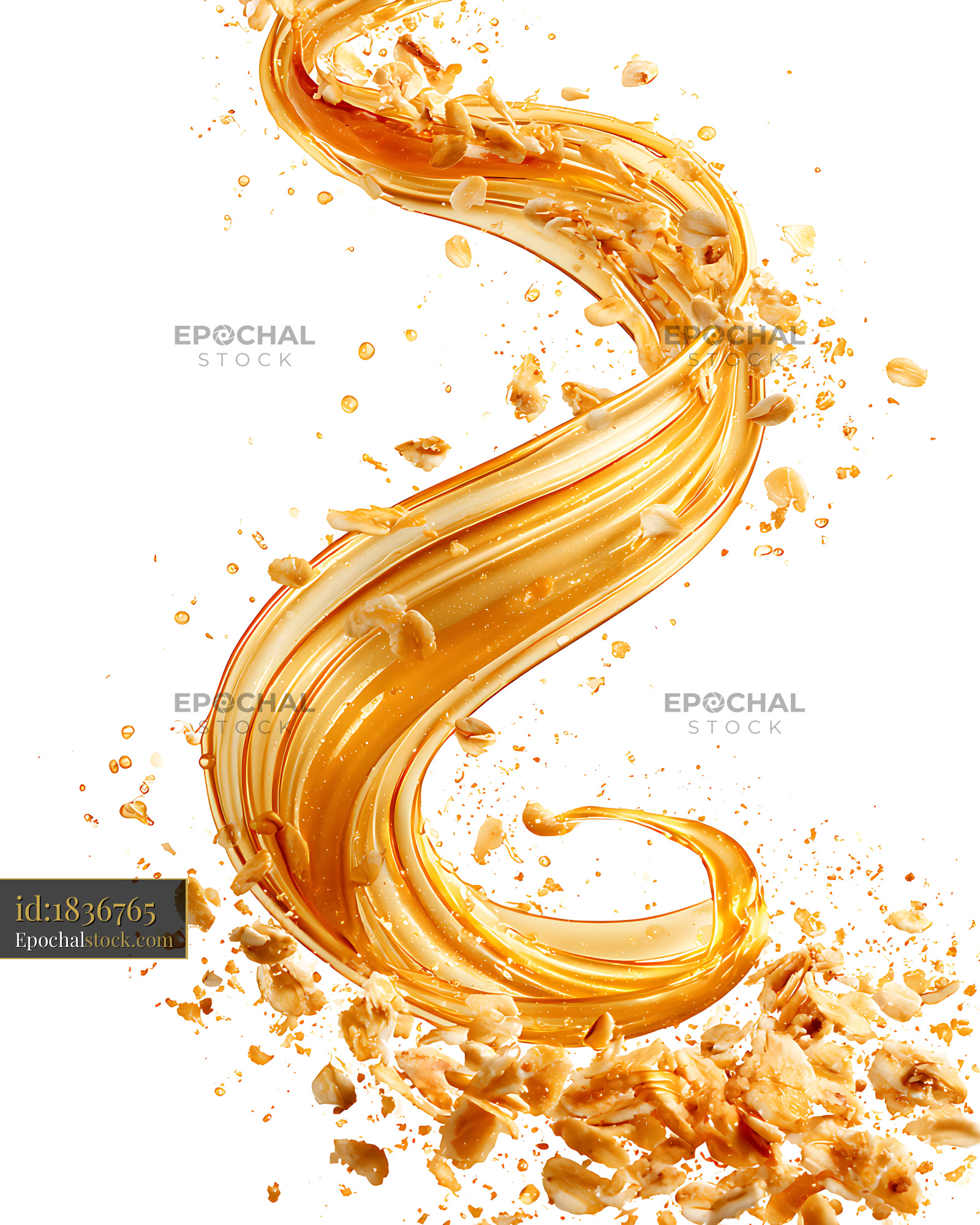 Watermarked full-resolution preview of Glossy caramel swirl with scattered pieces on white
