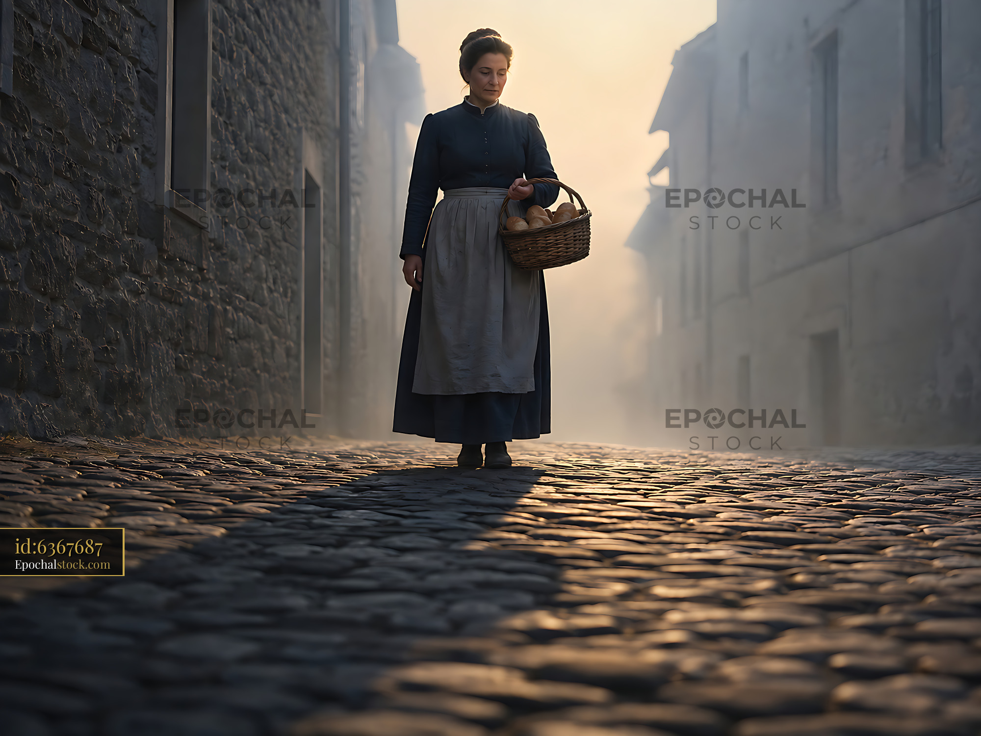Watermarked full-resolution preview of Woman walking with basket on cobblestone street at dawn