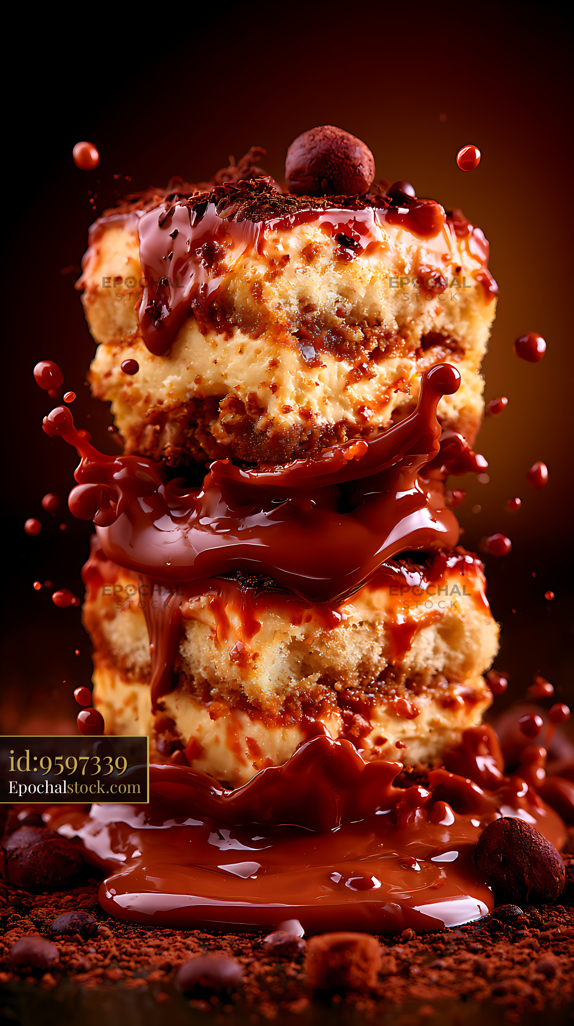 Watermarked full-resolution preview of Layered dessert drizzled with glossy chocolate sauce