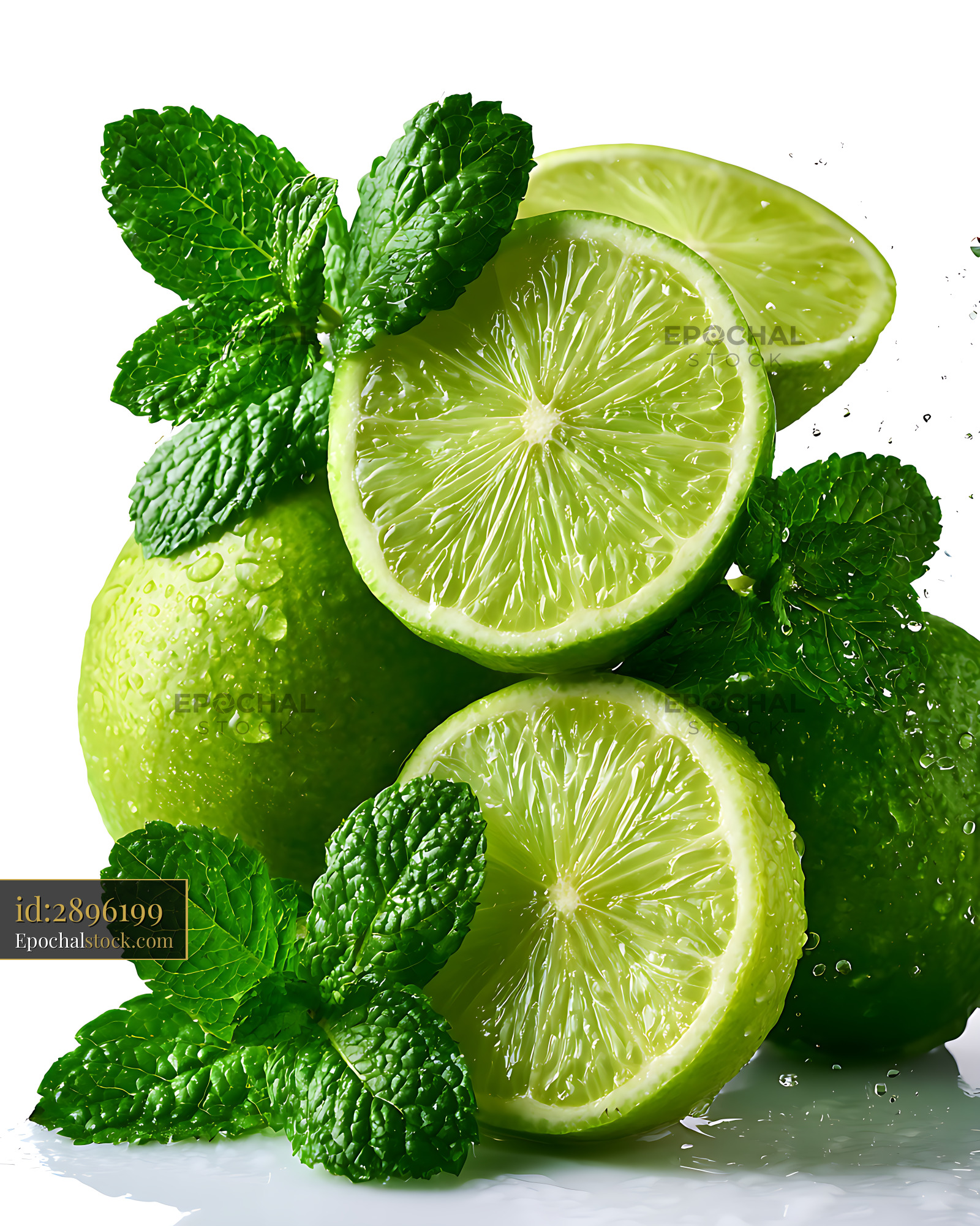 Watermarked full-resolution preview of Limes and mint leaves with fresh water droplets