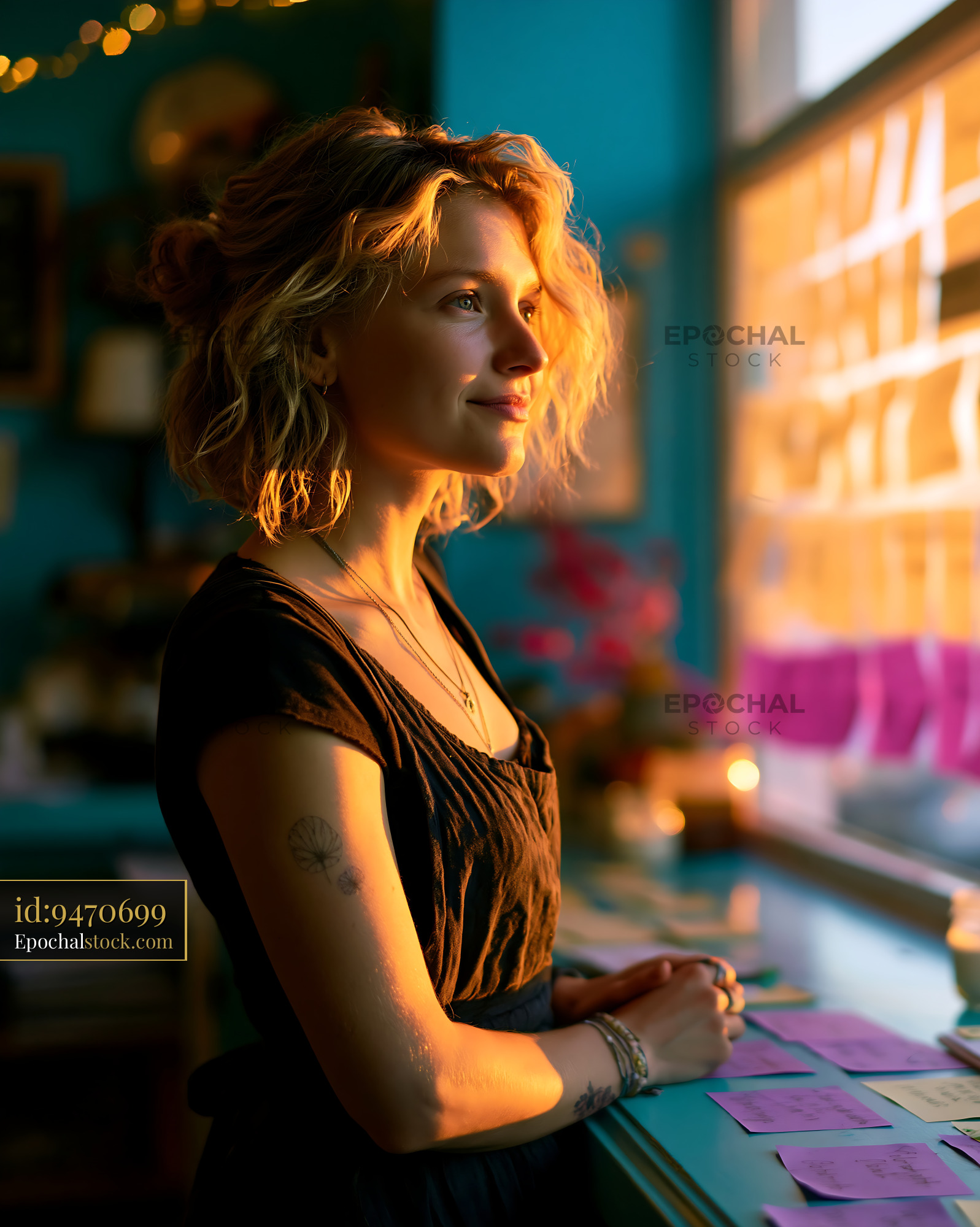 Watermarked full-resolution preview of Woman standing by window in a bright room during sunset hour