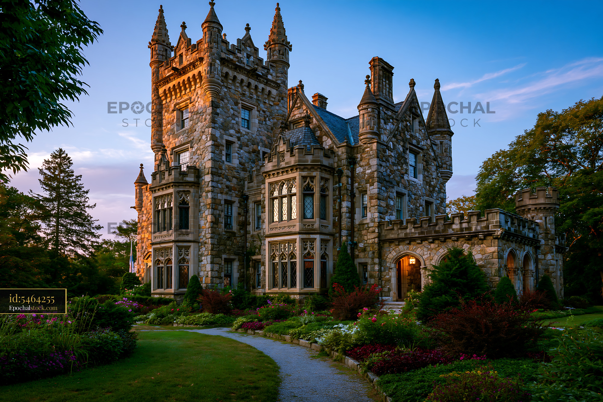 Watermarked full-resolution preview of Castle with stone walls and towers surrounded by gardens