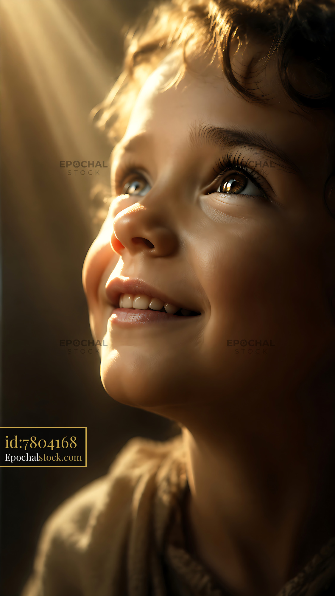 Watermarked full-resolution preview of Child smiling and looking up with light shining on the face