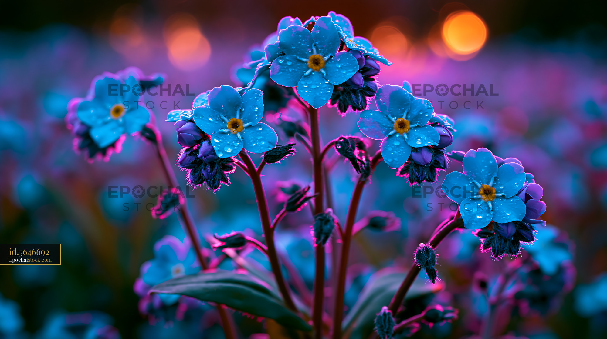 Watermarked full-resolution preview of Vibrant blue flowers with water droplets in soft evening light