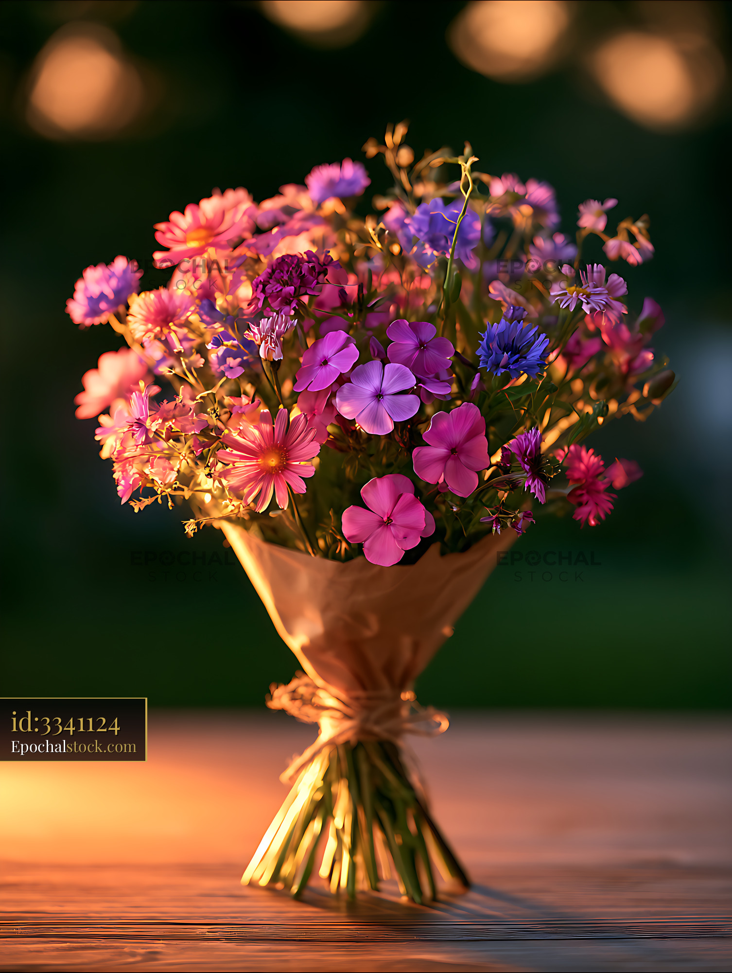 Watermarked full-resolution preview of Vibrant mixed flower bouquet with warm bokeh