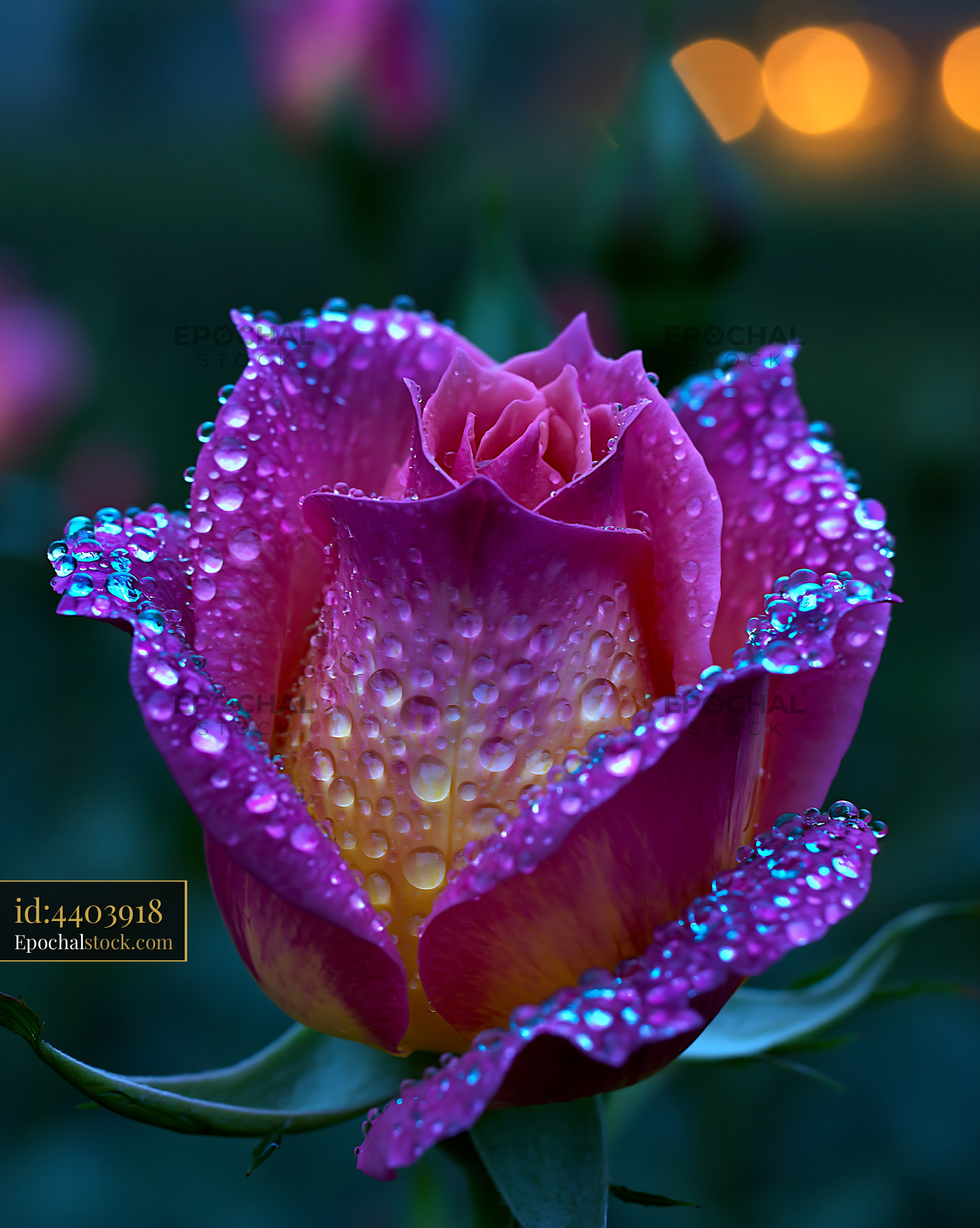 Watermarked full-resolution preview of Dew-covered rose with soft lighting in the background