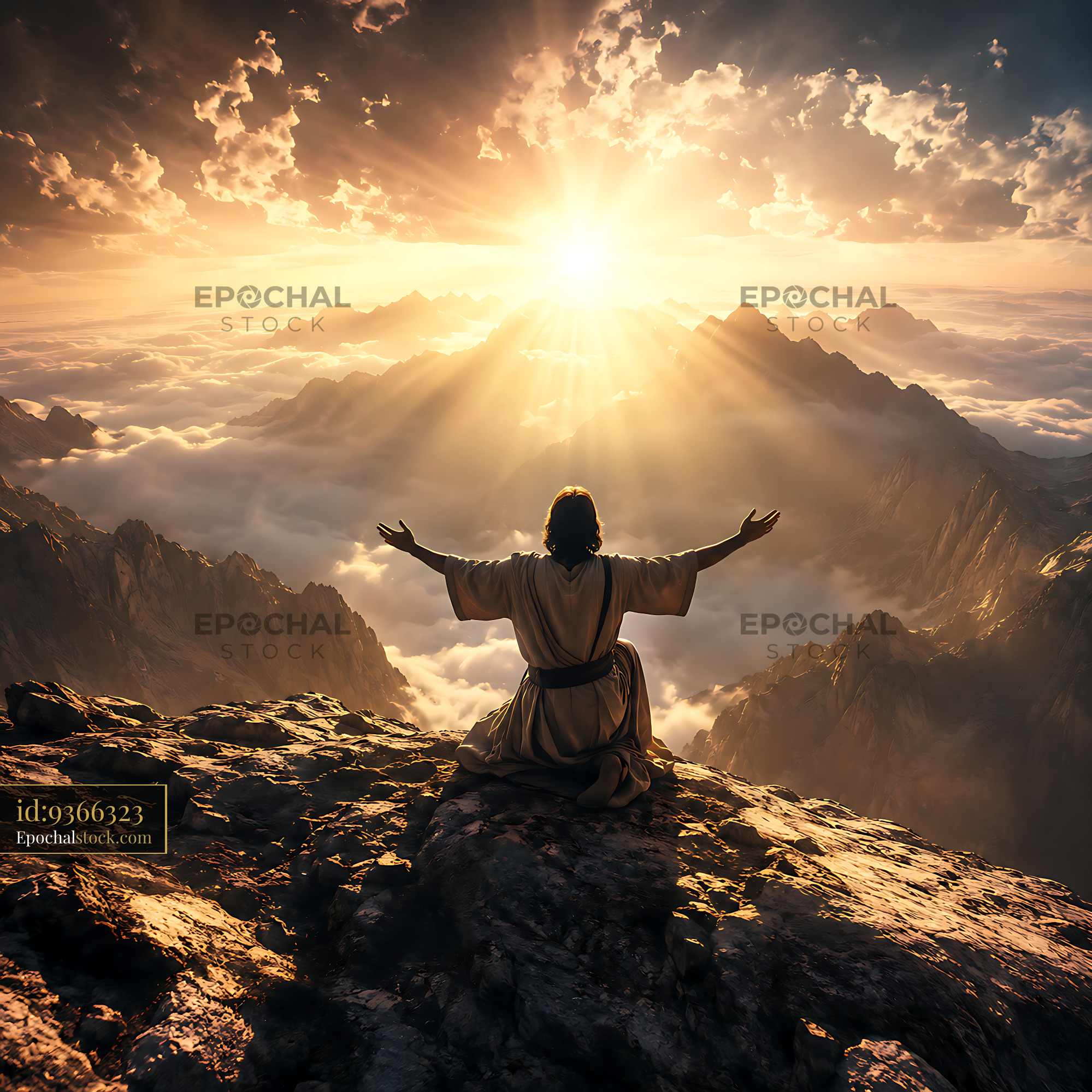 Watermarked full-resolution preview of Sunrise over mountains with figure on rocky peak