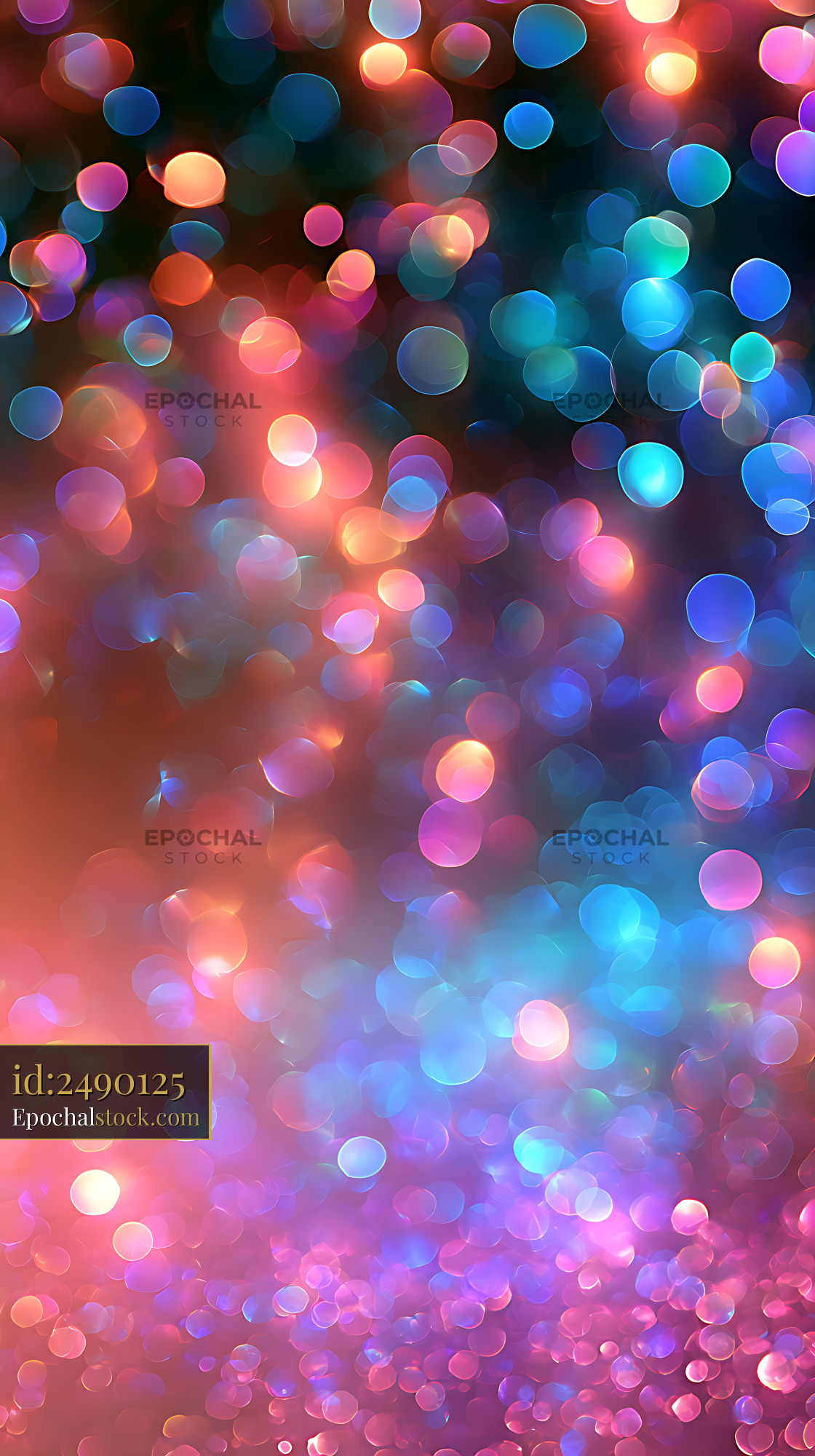 Watermarked full-resolution preview of Vibrant multicolor bokeh lights on dark abstract background