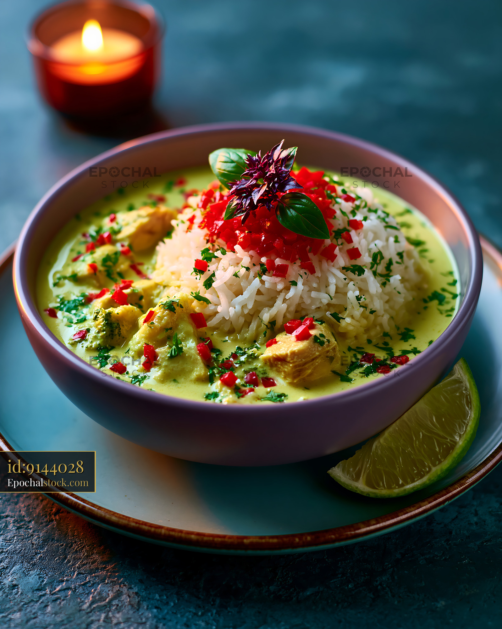 Watermarked full-resolution preview of Colorful rice dish with chicken and herbs in a bowl