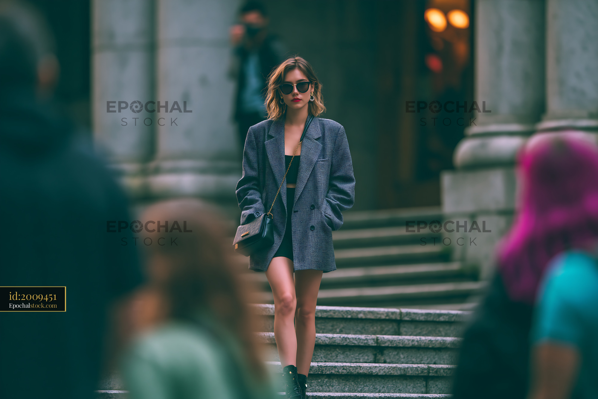 Watermarked full-resolution preview of Woman walks down steps in city with sunglasses and blazer