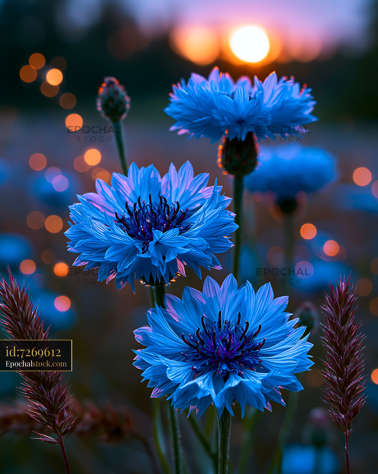 Watermarked full-resolution preview of Blue flowers at sunset with bokeh lights in the background
