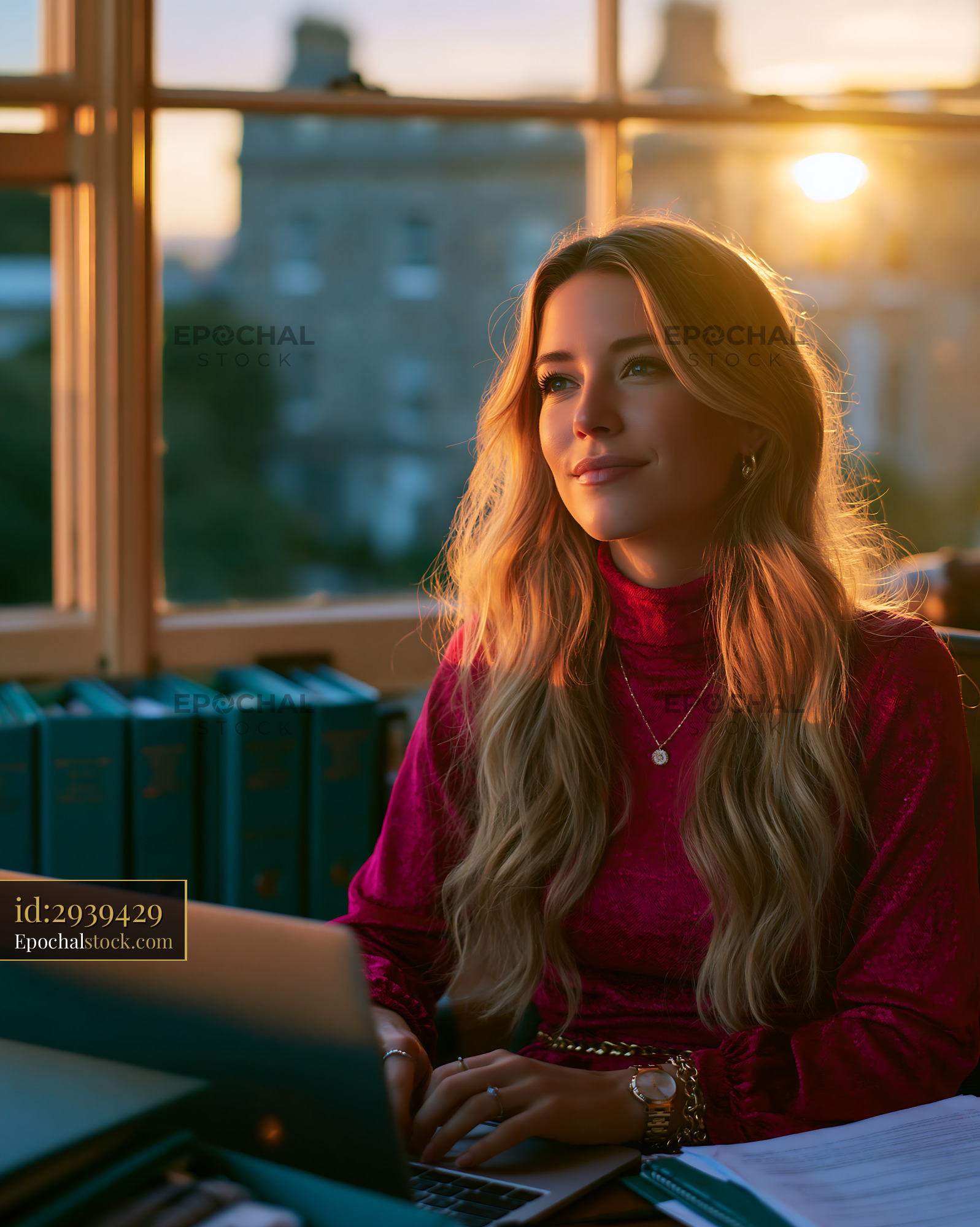 Watermarked full-resolution preview of Woman working on laptop during sunset in a cozy workspace