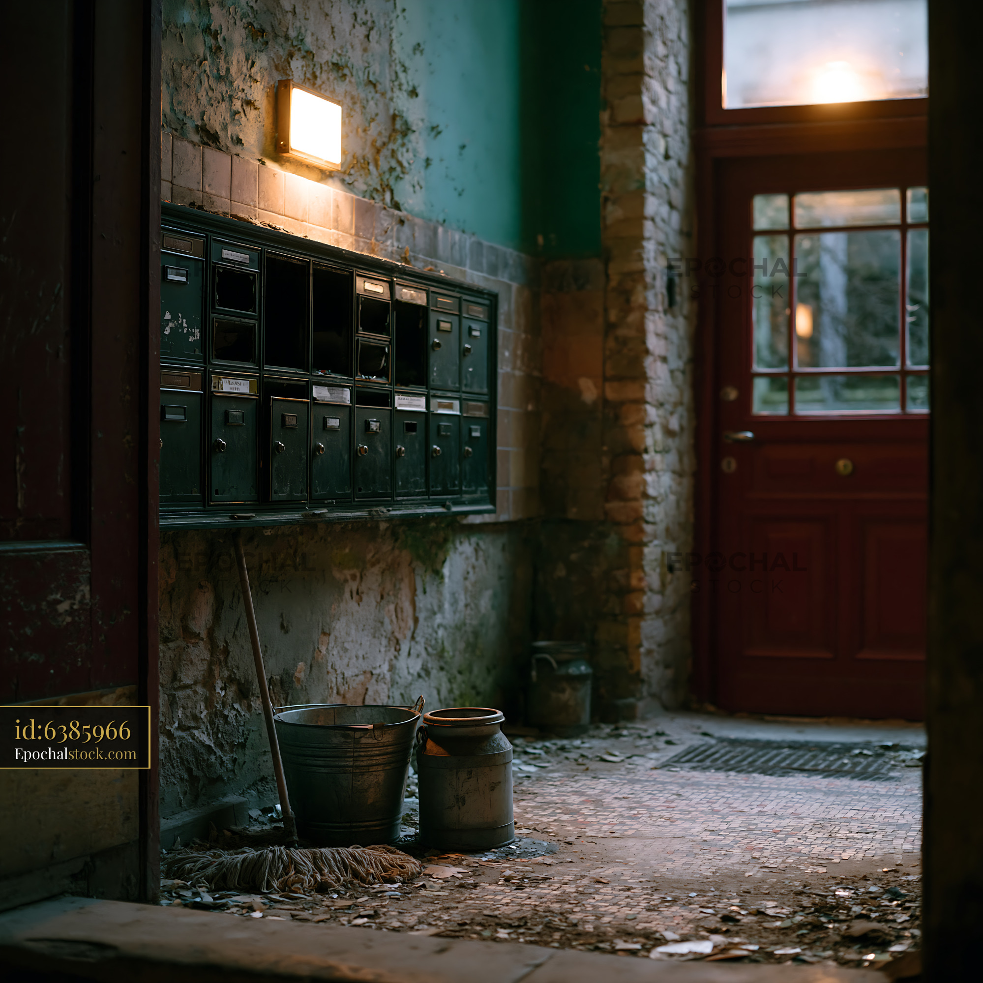 Watermarked full-resolution preview of Old entrance hallway with mailboxes and cleaning supplies
